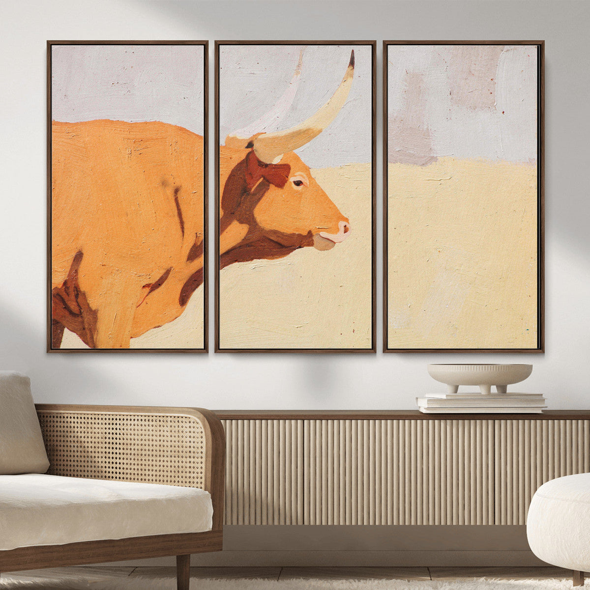 Minimal Longhorn Bull Wall Art Canvas Print, Neutral Western