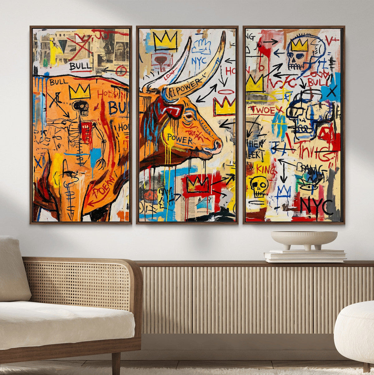 Basquiat Style Bull Graffiti Wall Art Canvas Print, Street