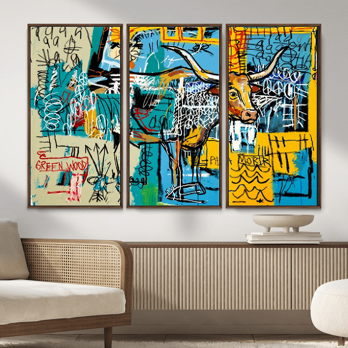 Basquiat Style Bird Bull Graffiti Wall Art Canvas Print,