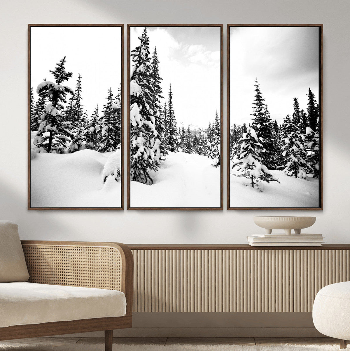 Black and White Snowy Pine Forest Wall Art Canvas Print,