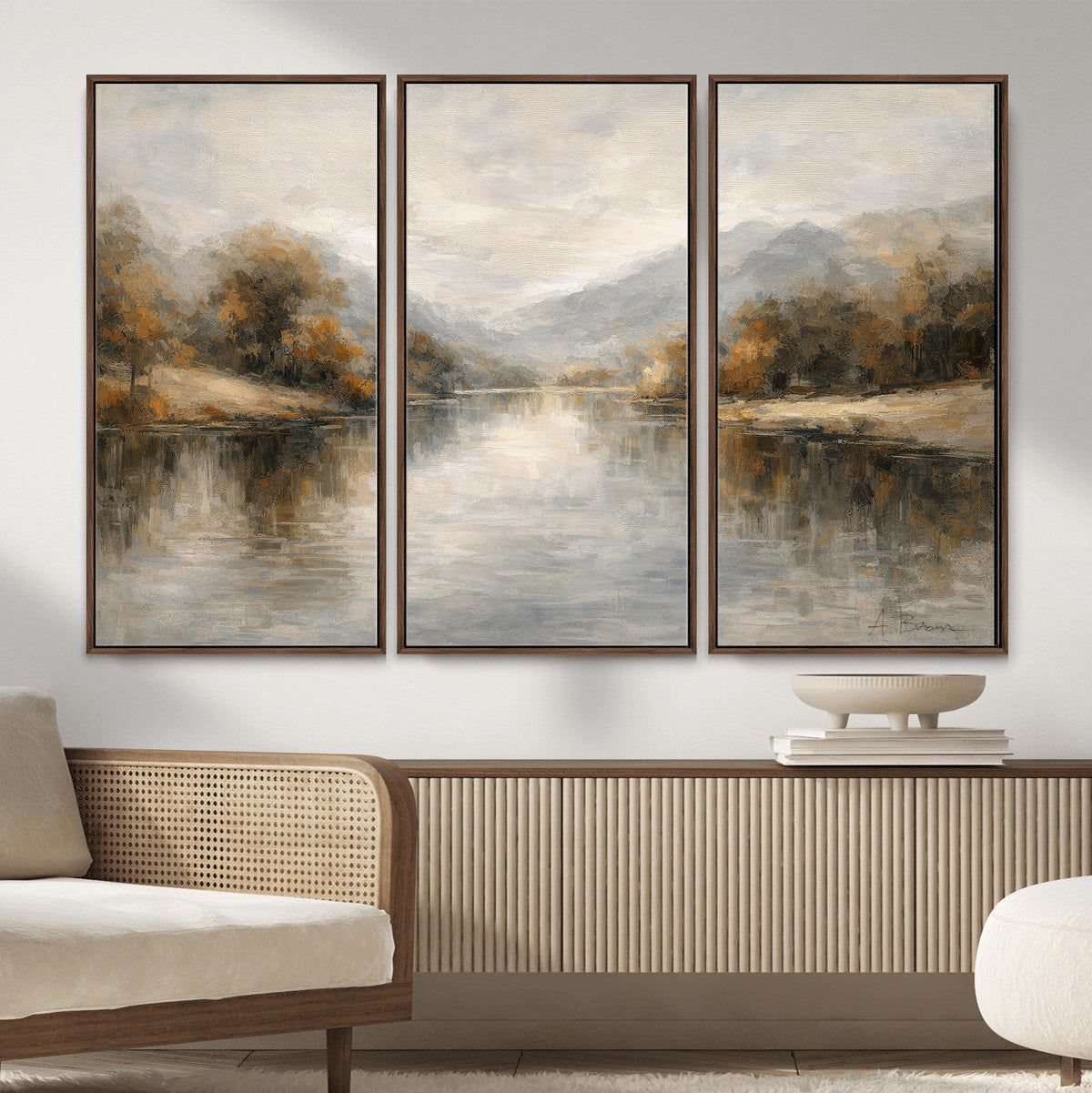 Neutral Abstract River Landscape Wall Art Canvas Print