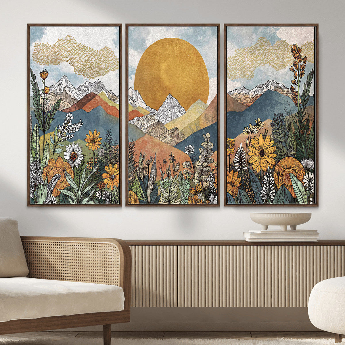Boho Mountain Landscape Large Wall Art, Horizontal Gold