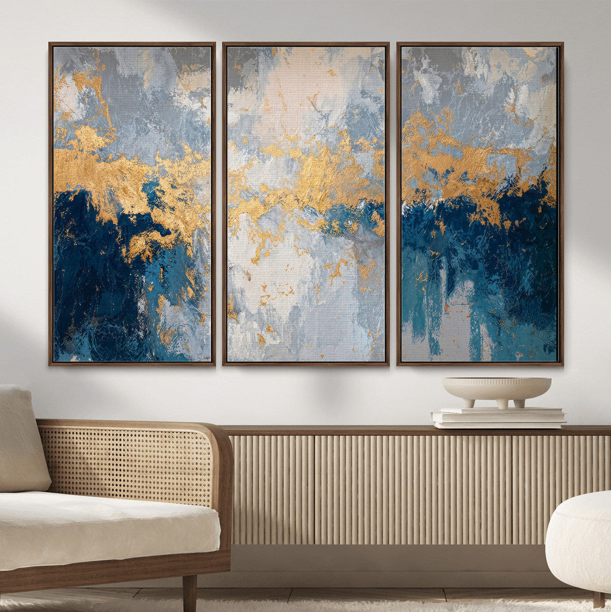 Blue Gold Abstract Large Framed Canvas Wall Art, Modern