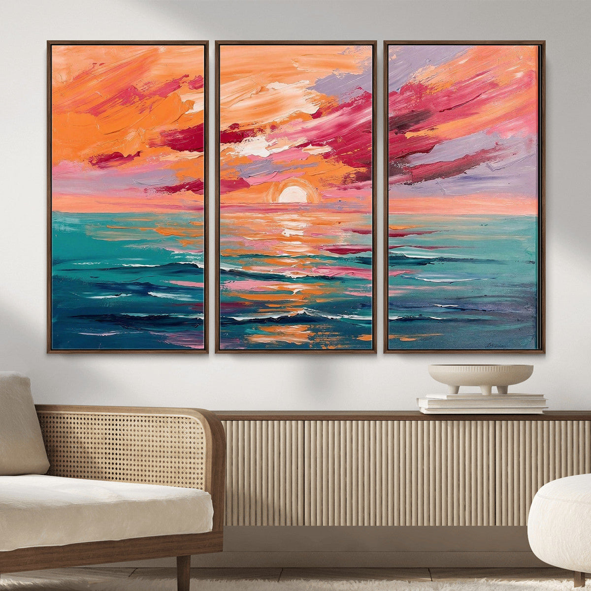 Bold Palette Knife Ocean Sunset Canvas — Orange Pink Teal