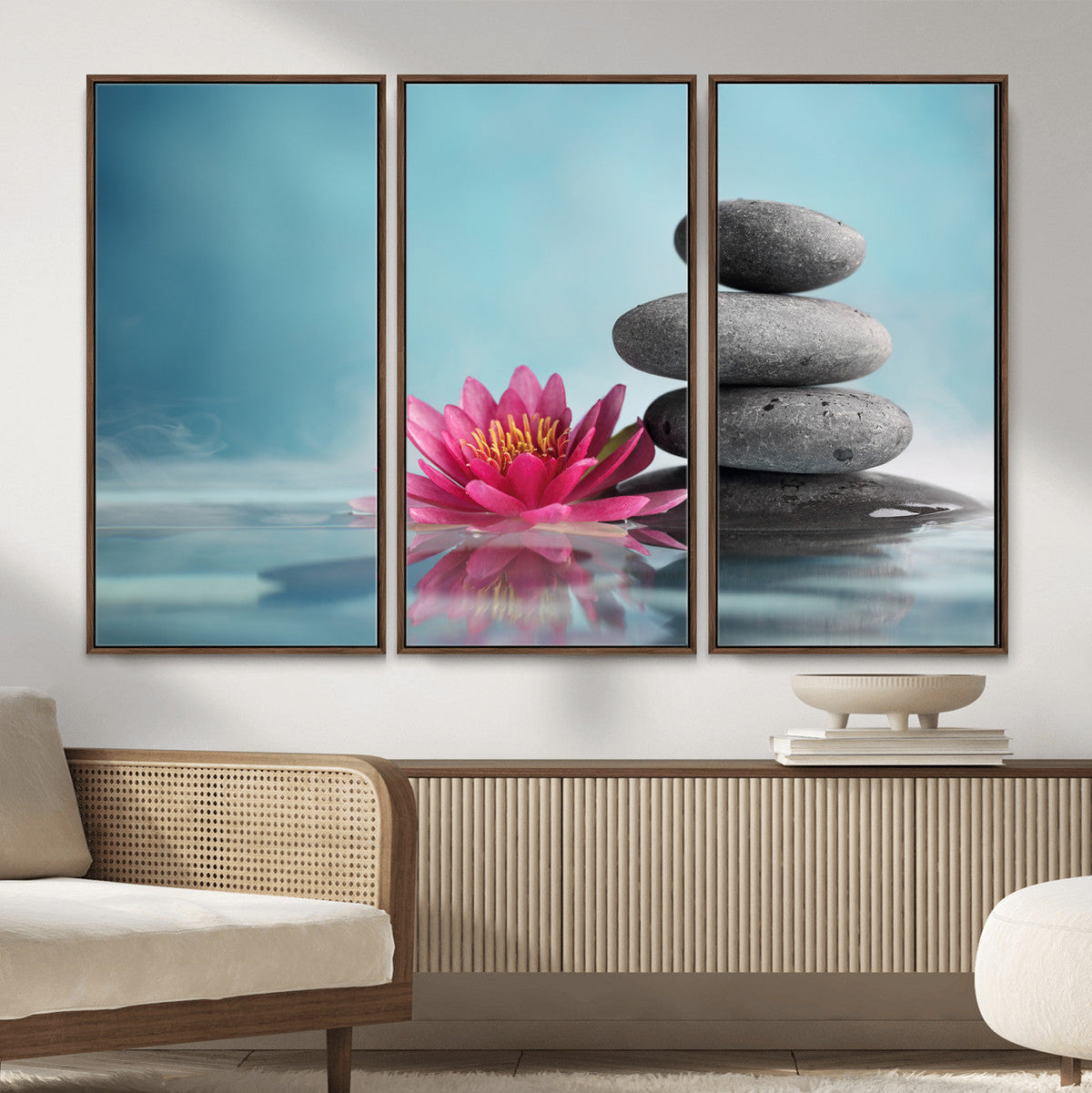 Zen Canvas Wall Art Lotus Flower Stacked Stones Teal Spa