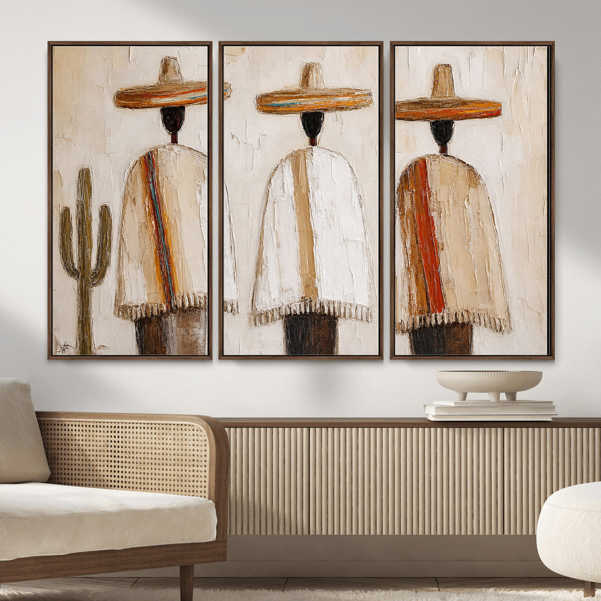 Mexican Wall Art Canvas Print, Southwestern Sombrero Poncho Painting, Neutral Earthy Boho Decor, Fiesta Living Room Art, Impasto Style Print