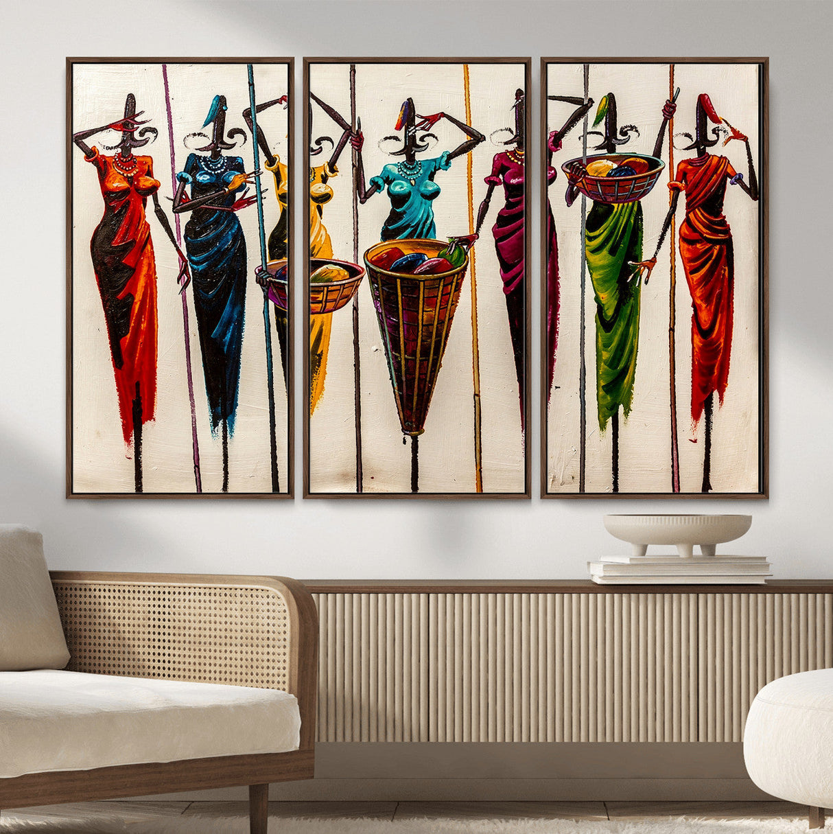 African Folk Art Canvas Wall Art, Colorful African Women Village Painting Print, Tribal Ethnic Home Decor, Vibrant African Art, Living Room