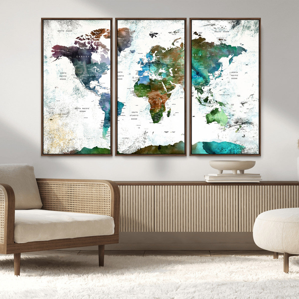 Modern Watercolor World Map Canvas Wall Art – Framed