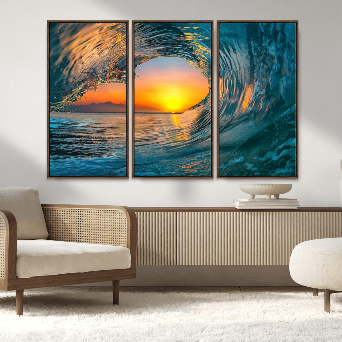 Ocean Wave Sunset Wall Art | Large Coastal Wave Canvas Print