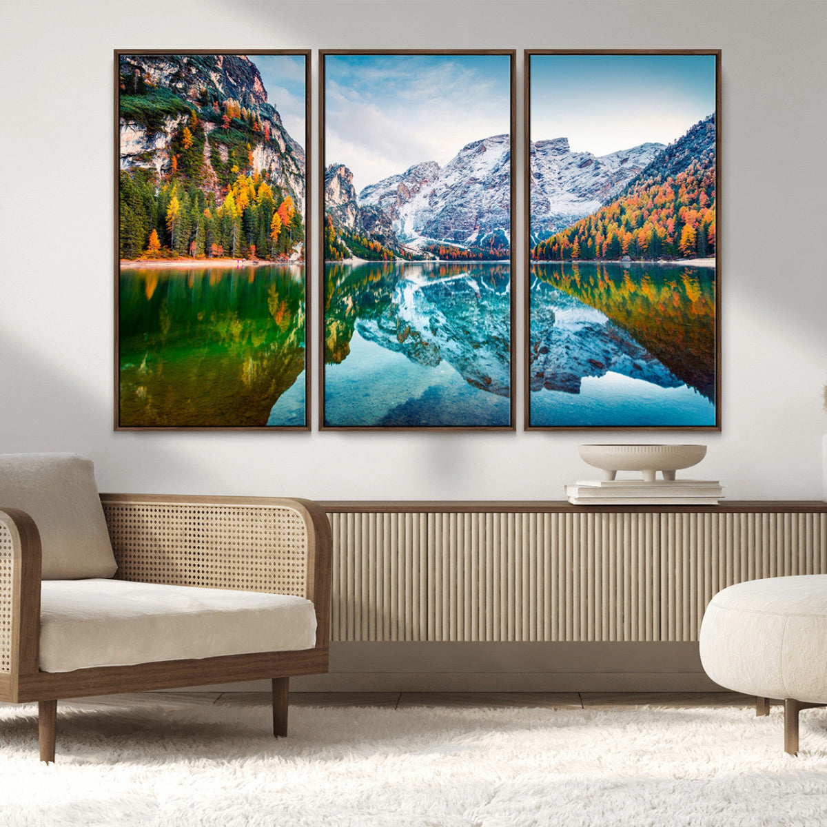 Spectacular autumn view of Braies Lake Wall Art Canvas Print