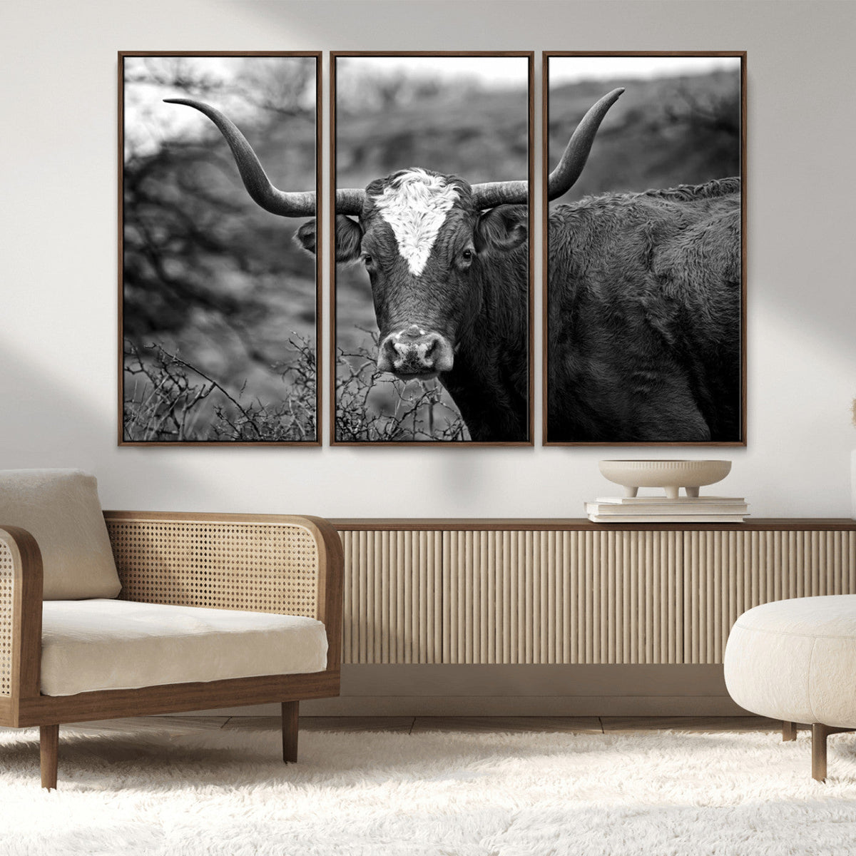 Western Home Wall Art Canvas Print, Framed Texas Longhorn