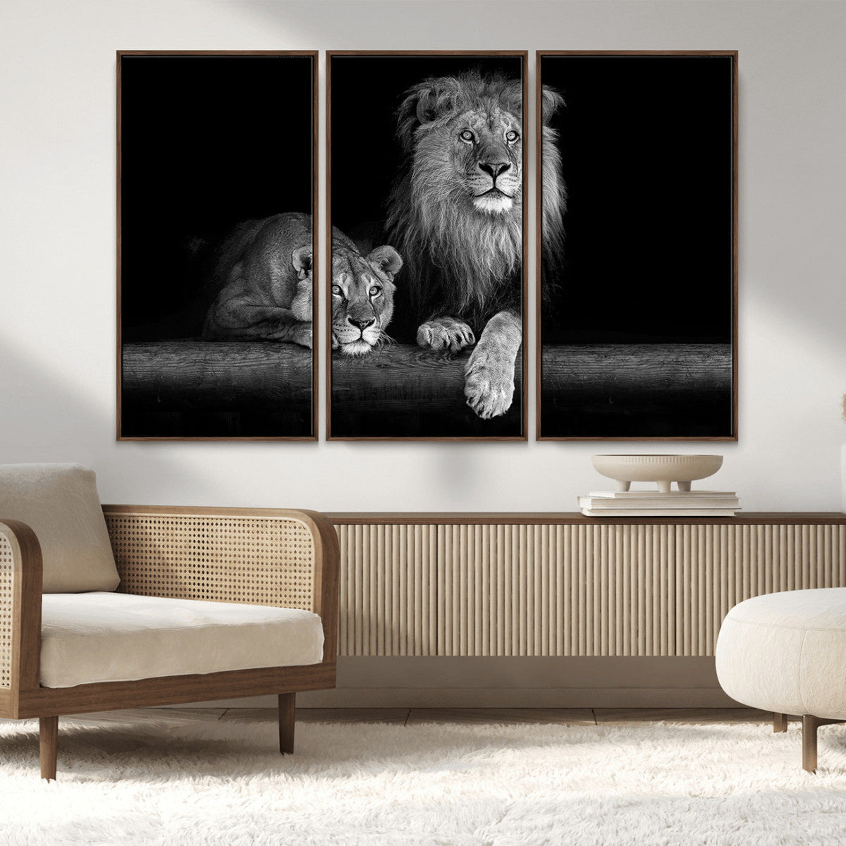 Large Black and White Lion Couple Wall Art Canvas Print –