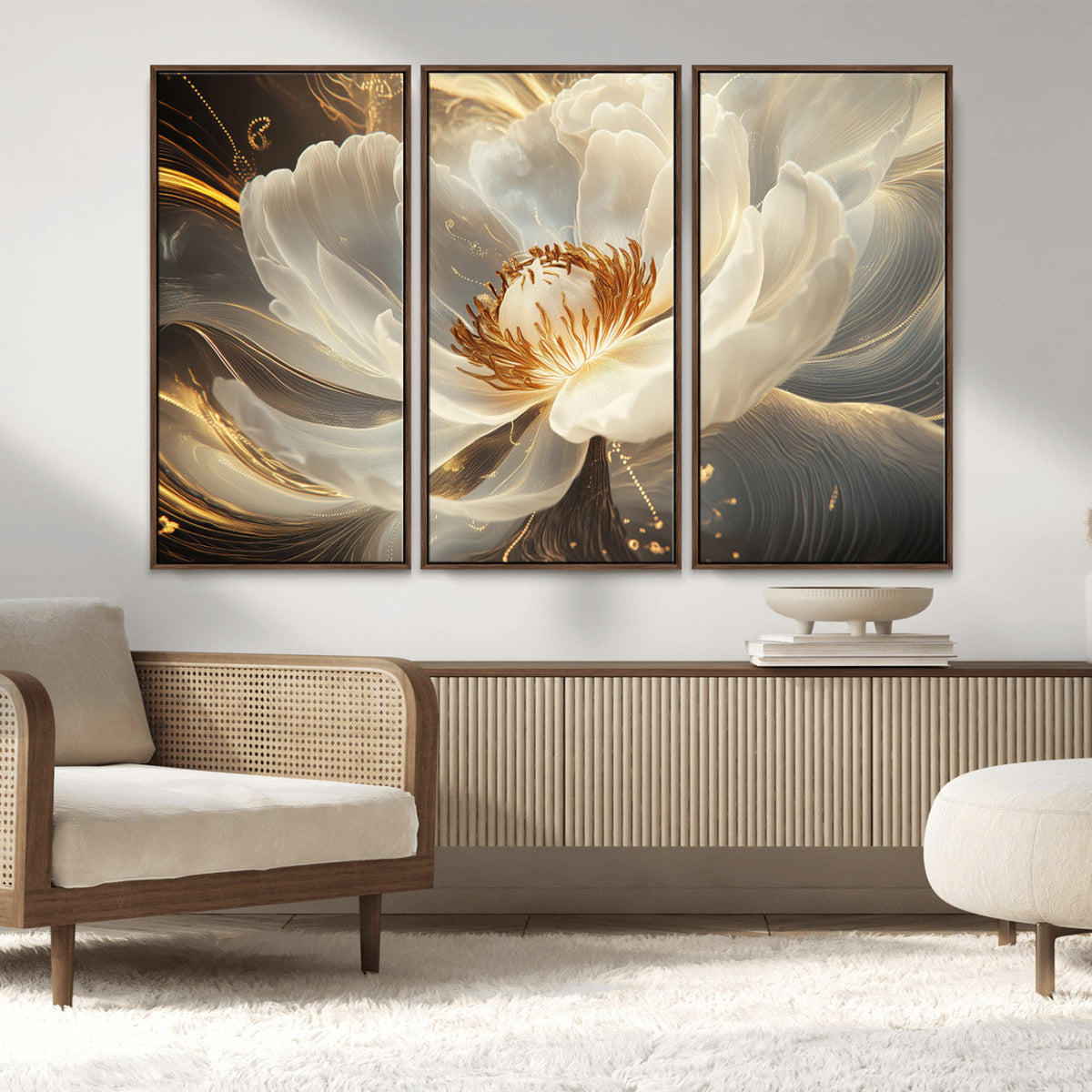 Gold Floral Wall Art Canvas Print, Framed Modern Flower Art