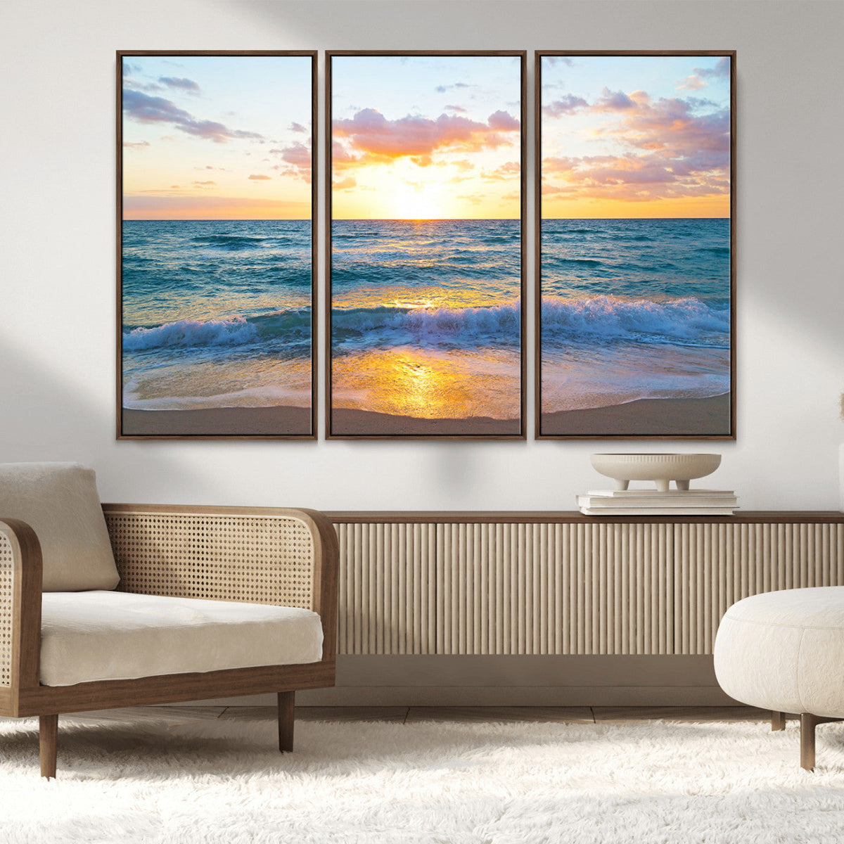 Golden Sunset Over Ocean Waves - Serene Coastal Triptych