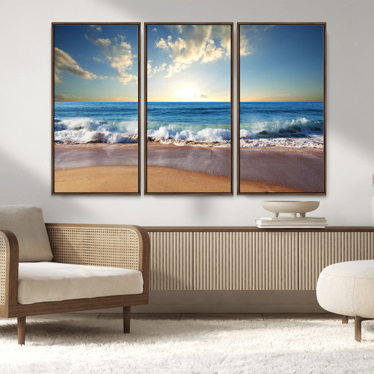 Serene Ocean Sunset Canvas Wall Art - Beach Waves at Sunset,
