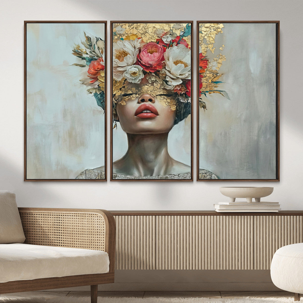 Golden Petal Wall Art Canvas Print - Silhouette Woman Wall