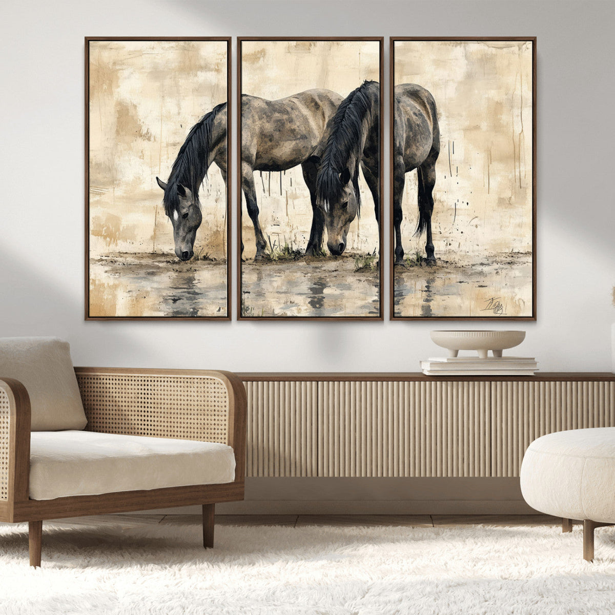 Chinese Style Abstract Black Horses Wall Art Canvas Print -