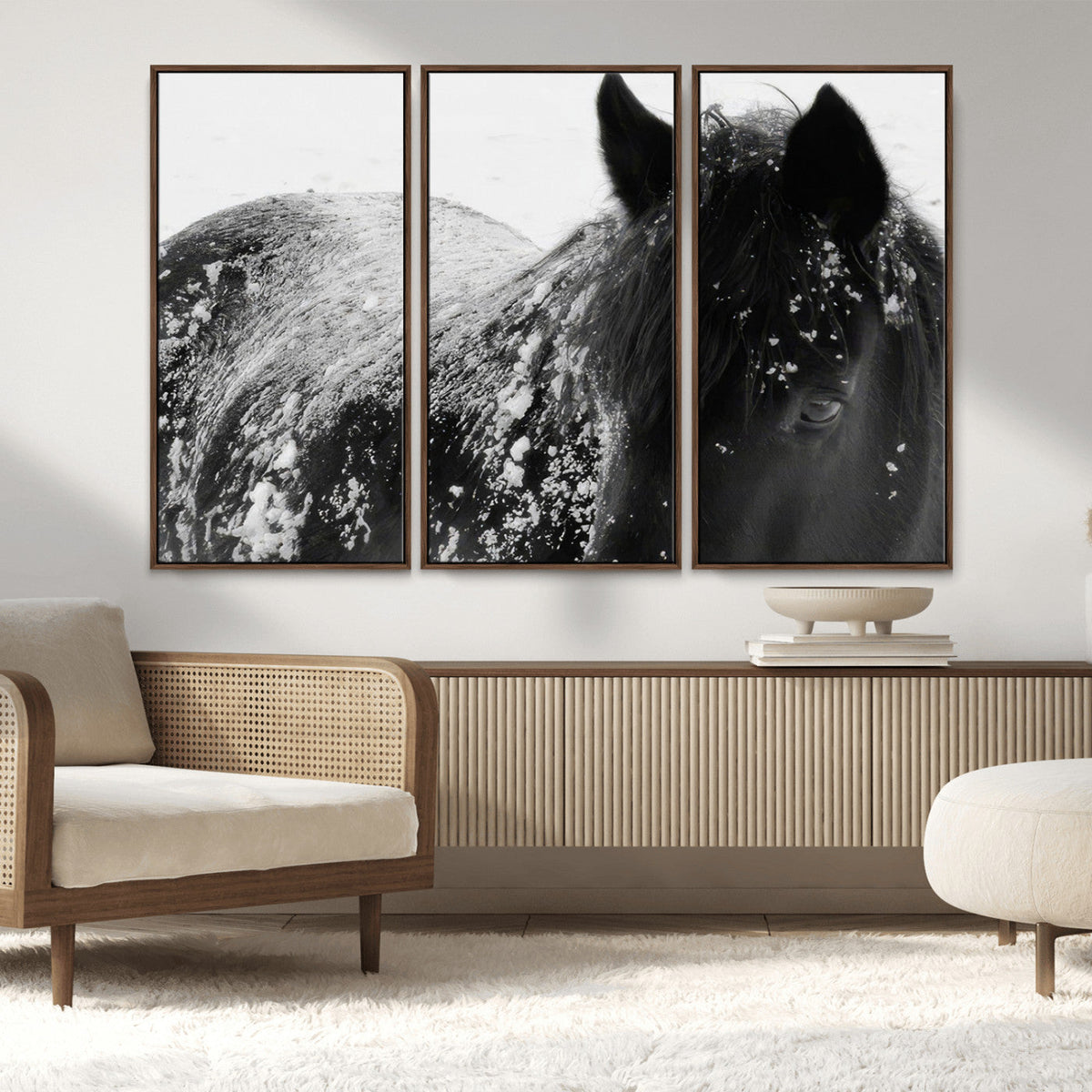 Black Horse in Snow Canvas Print | Winter Horse Wall Art |