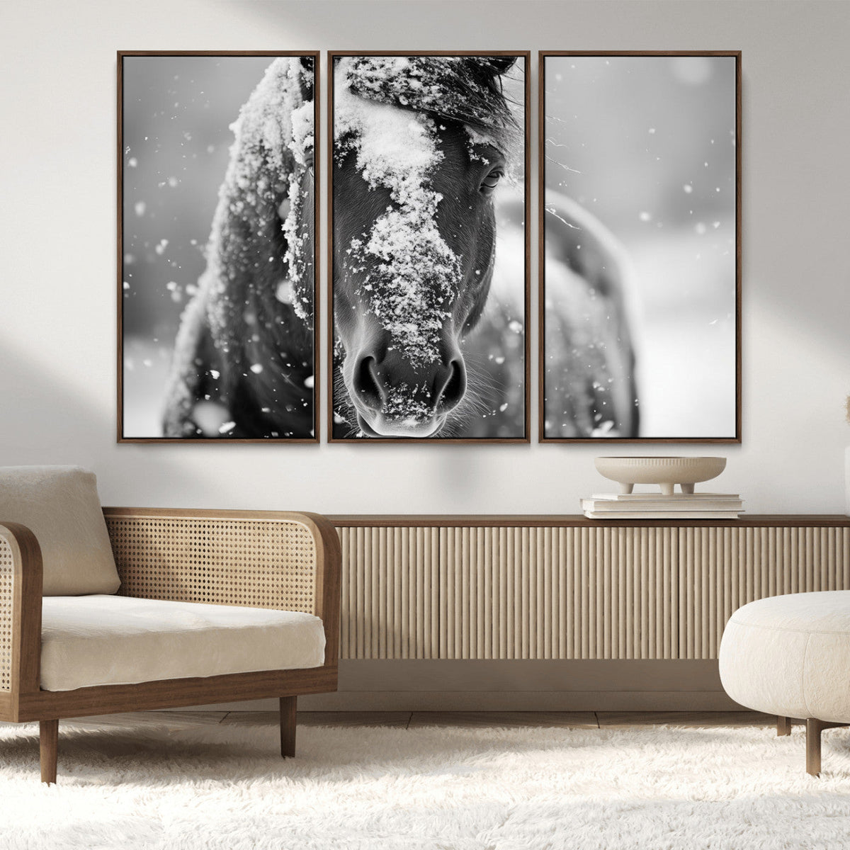 Black and White Horse Winter Wall Art | Ready to Hang and