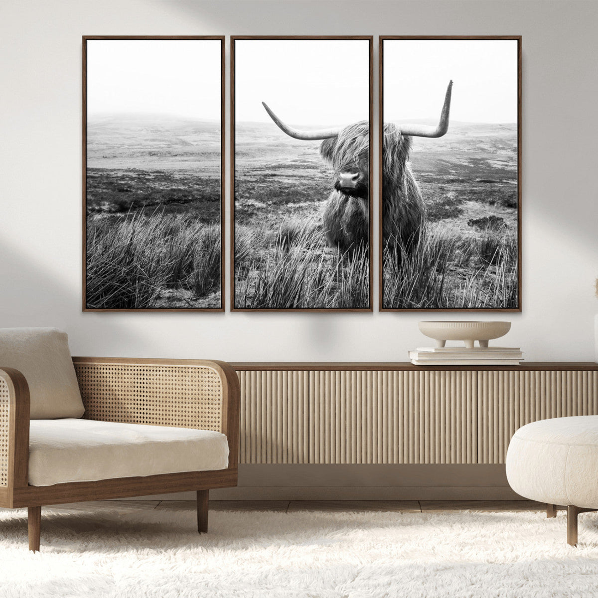 Scottish Highland Cow Wall Art | Black and White Canvas