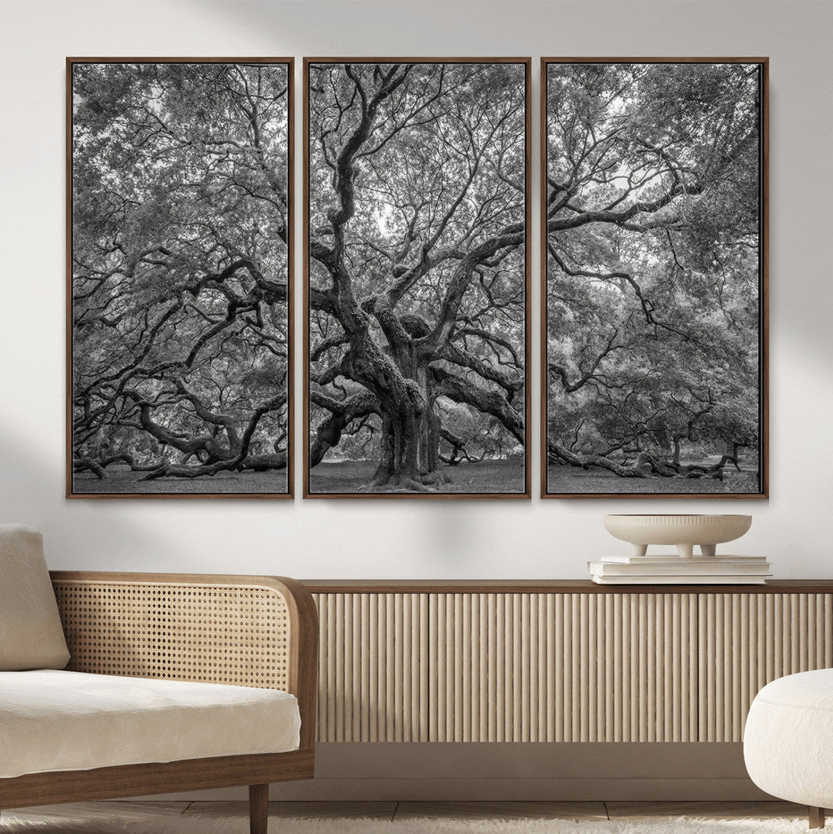 Majestic Angel Oak Tree Black and White Canvas Print – Multi