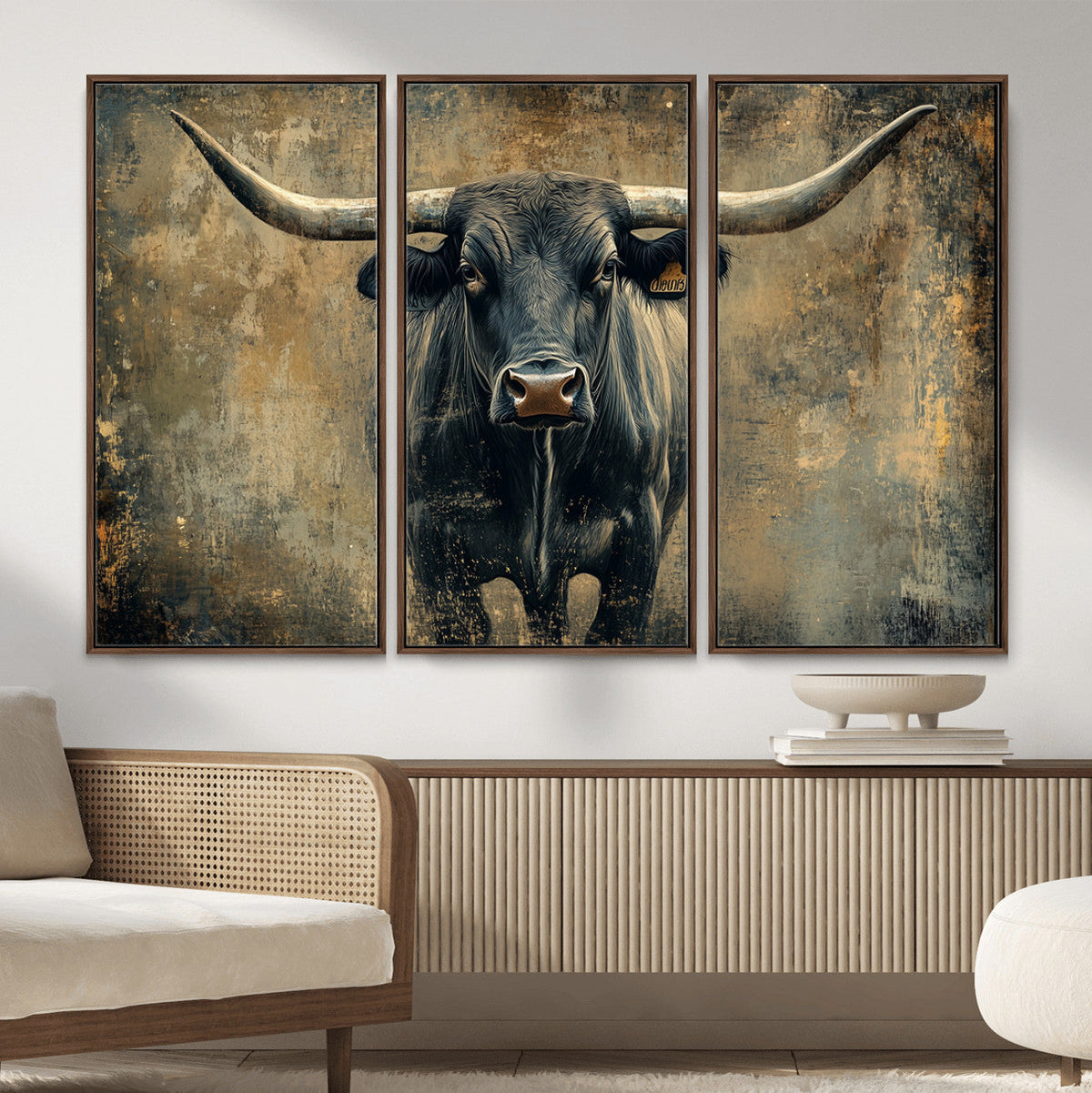 Texas Longhorn Bull Wall Art – Framed Rustic Cow Canvas