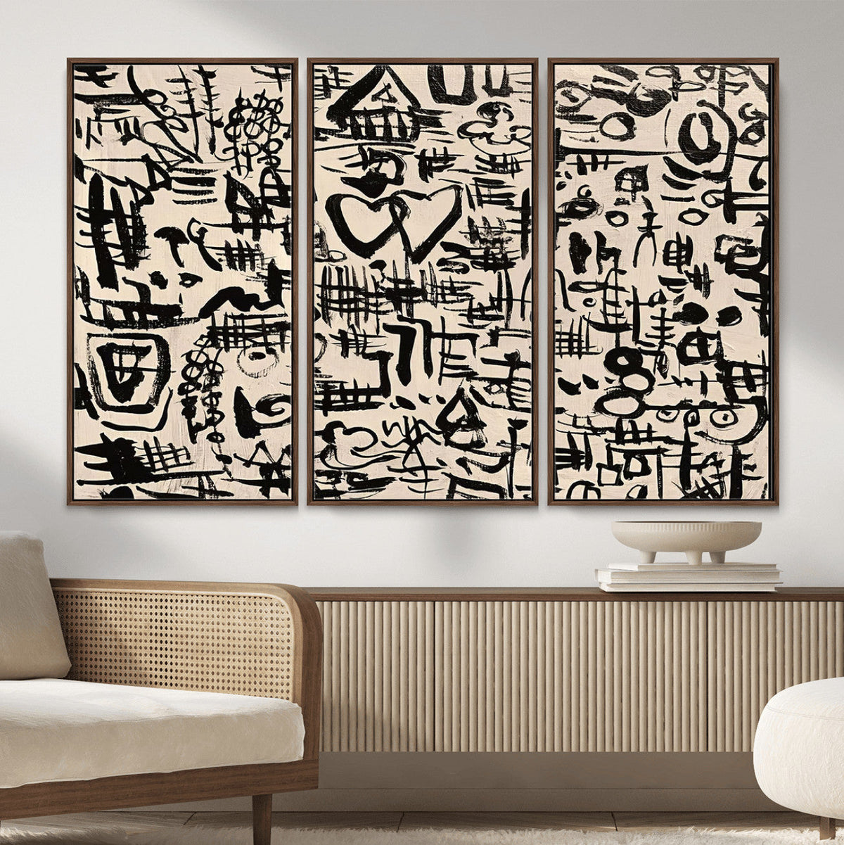 Abstract Love and Chaos Canvas Print, Black Symbols on Beige