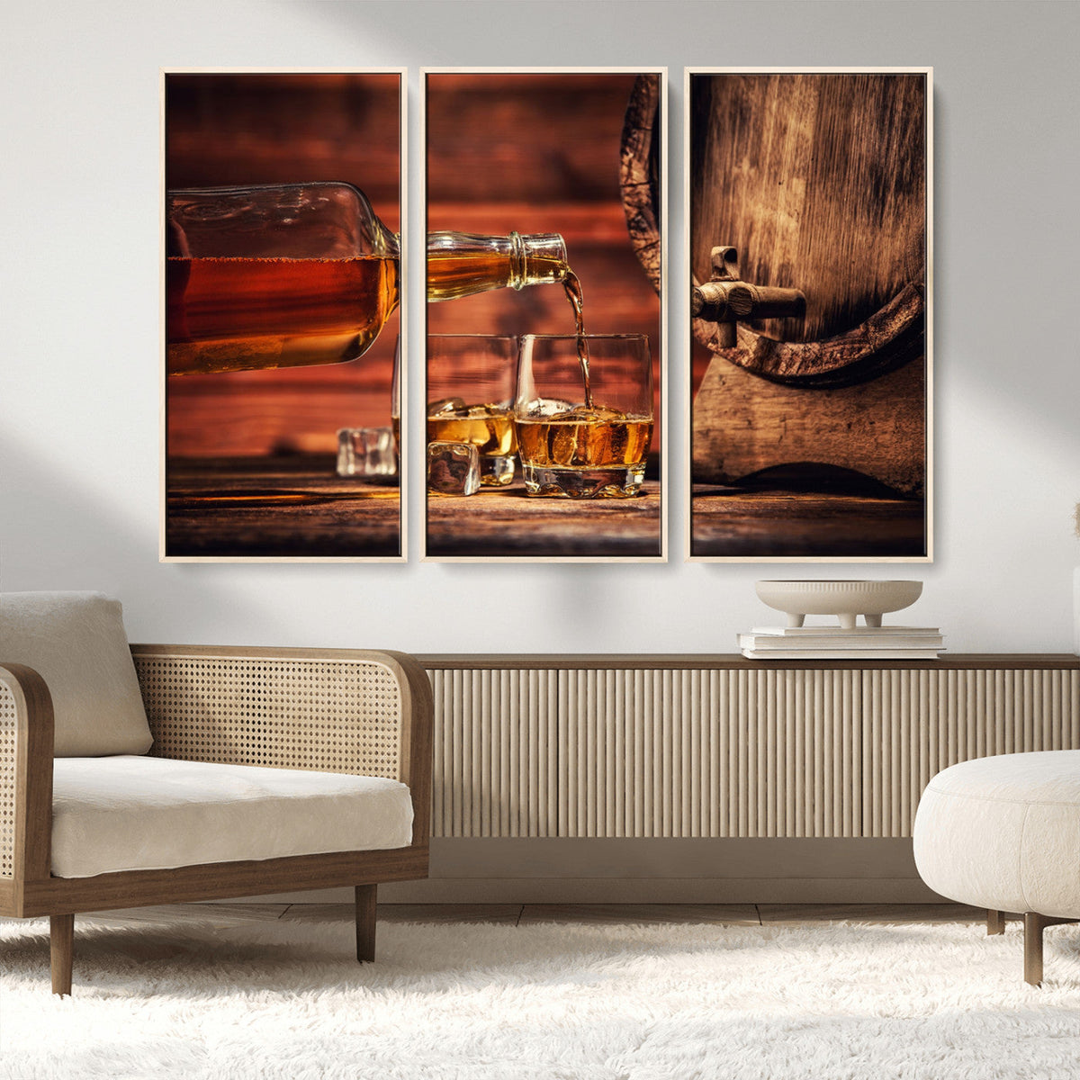 Whiskey and Cigar Canvas Wall Art | 3 Panel Bar Room Decor