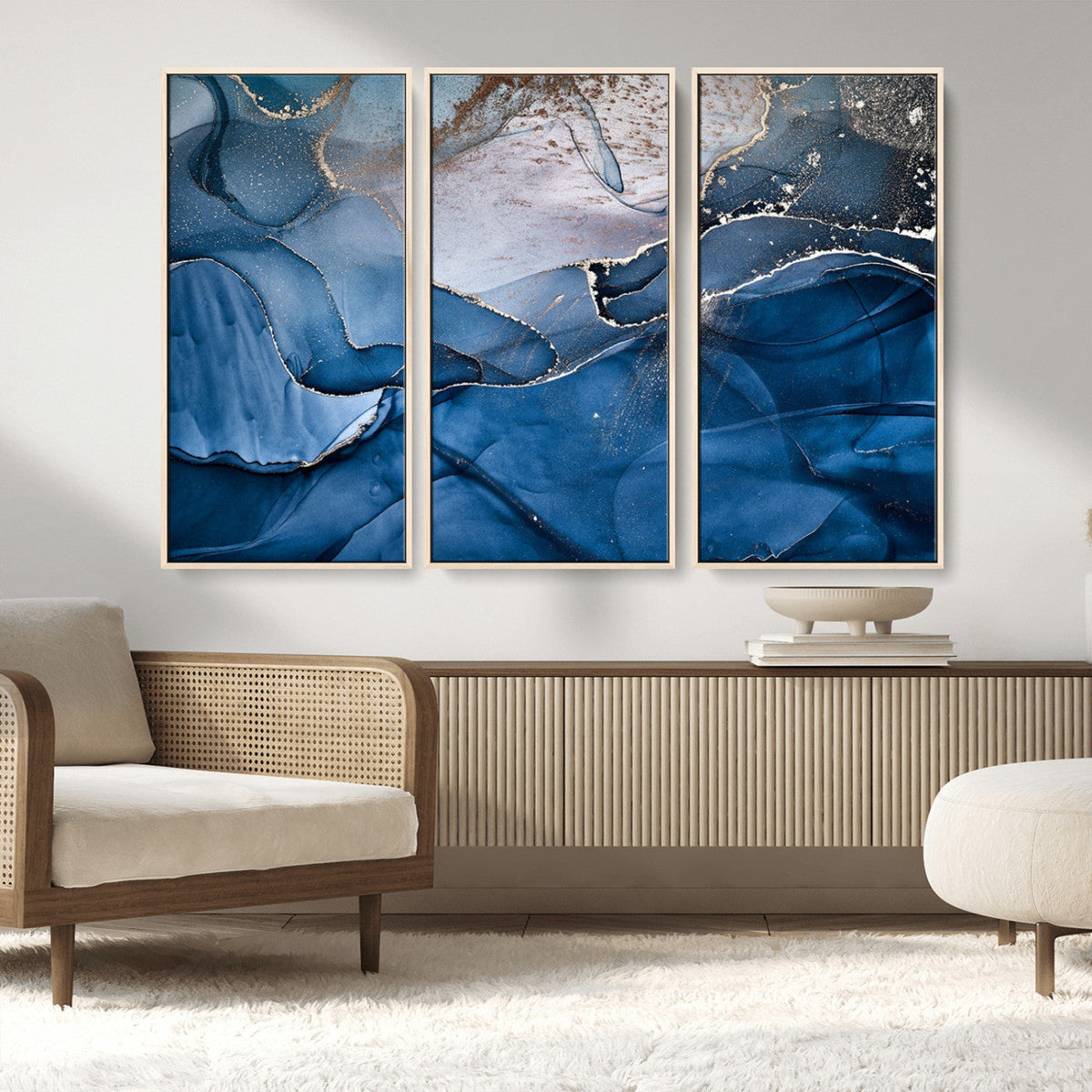 Navy Blue Canvas Art Abstract Print – Elegant Triptych