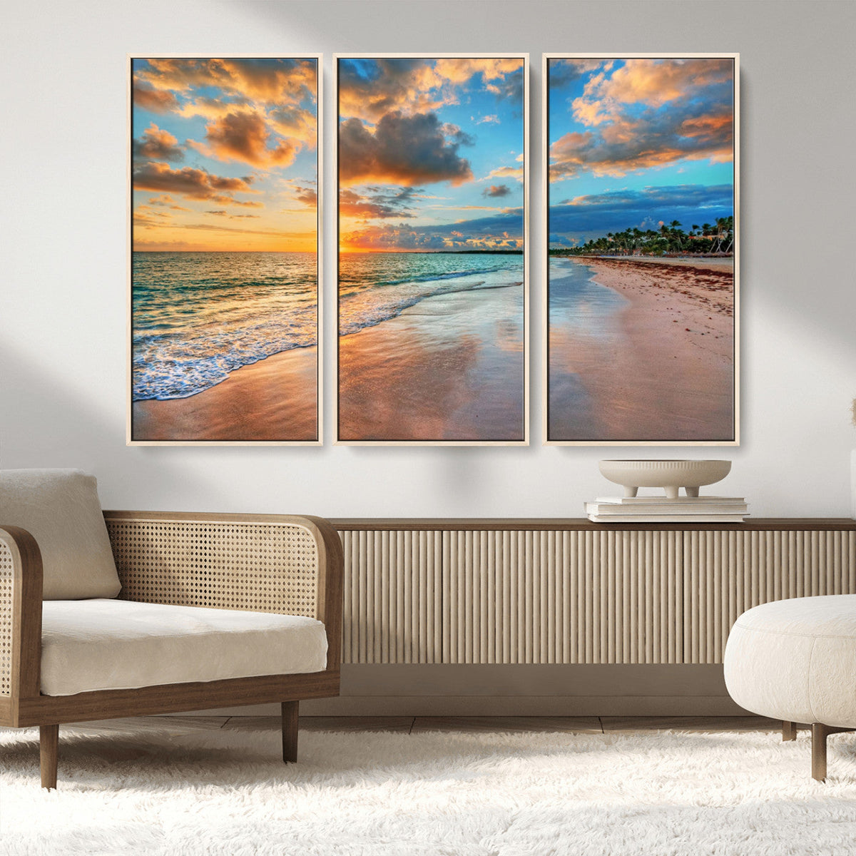 Sunset Ocean Waves on Tropical Beach, 3-Panel Giclee Canvas