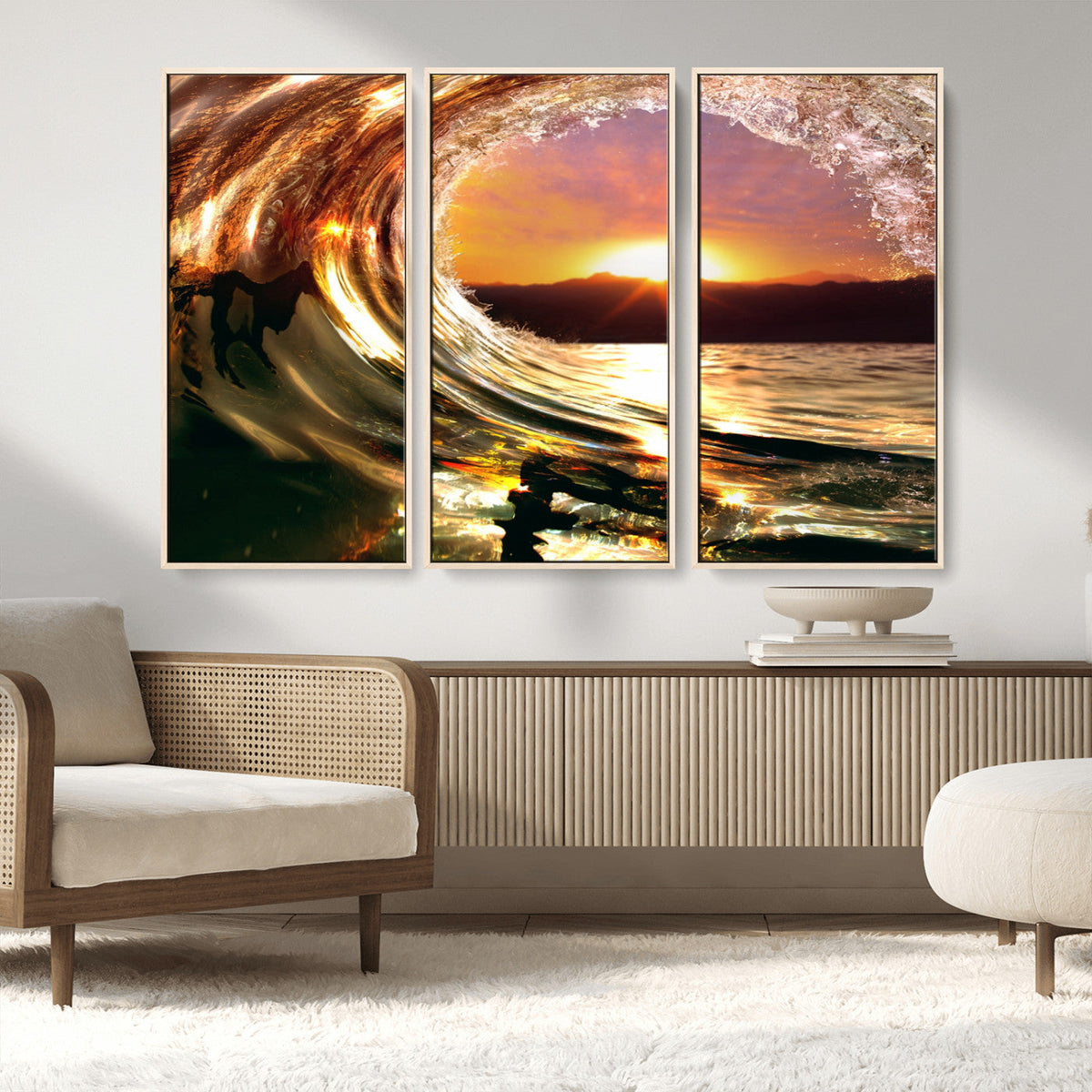 Golden Wave Sunset Triptych Canvas Art, Giclee Canvas Print