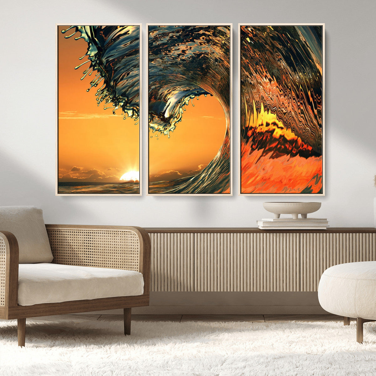 Surf Wave Sunset Canvas Wall Art Print, 3-Panel Ocean