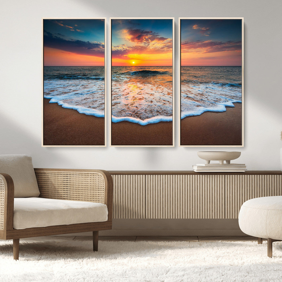 Sunset Beach Canvas Wall Art – Colorful Ocean Waves Triptych