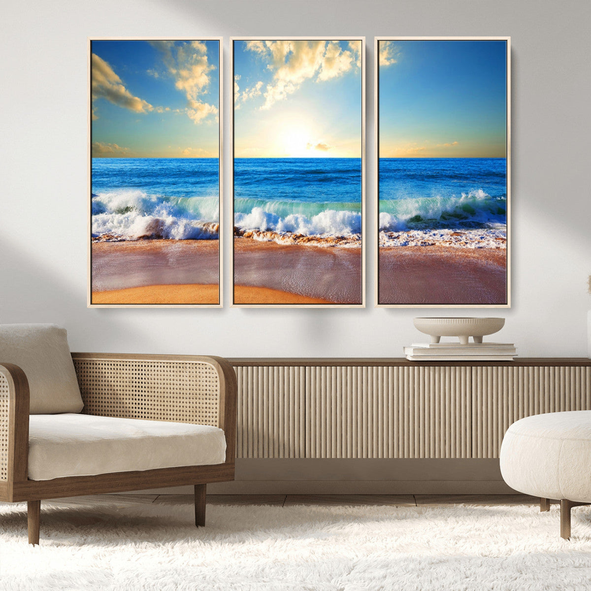 Tropical Beach Sunset Canvas Art, Ocean Waves and Sandy