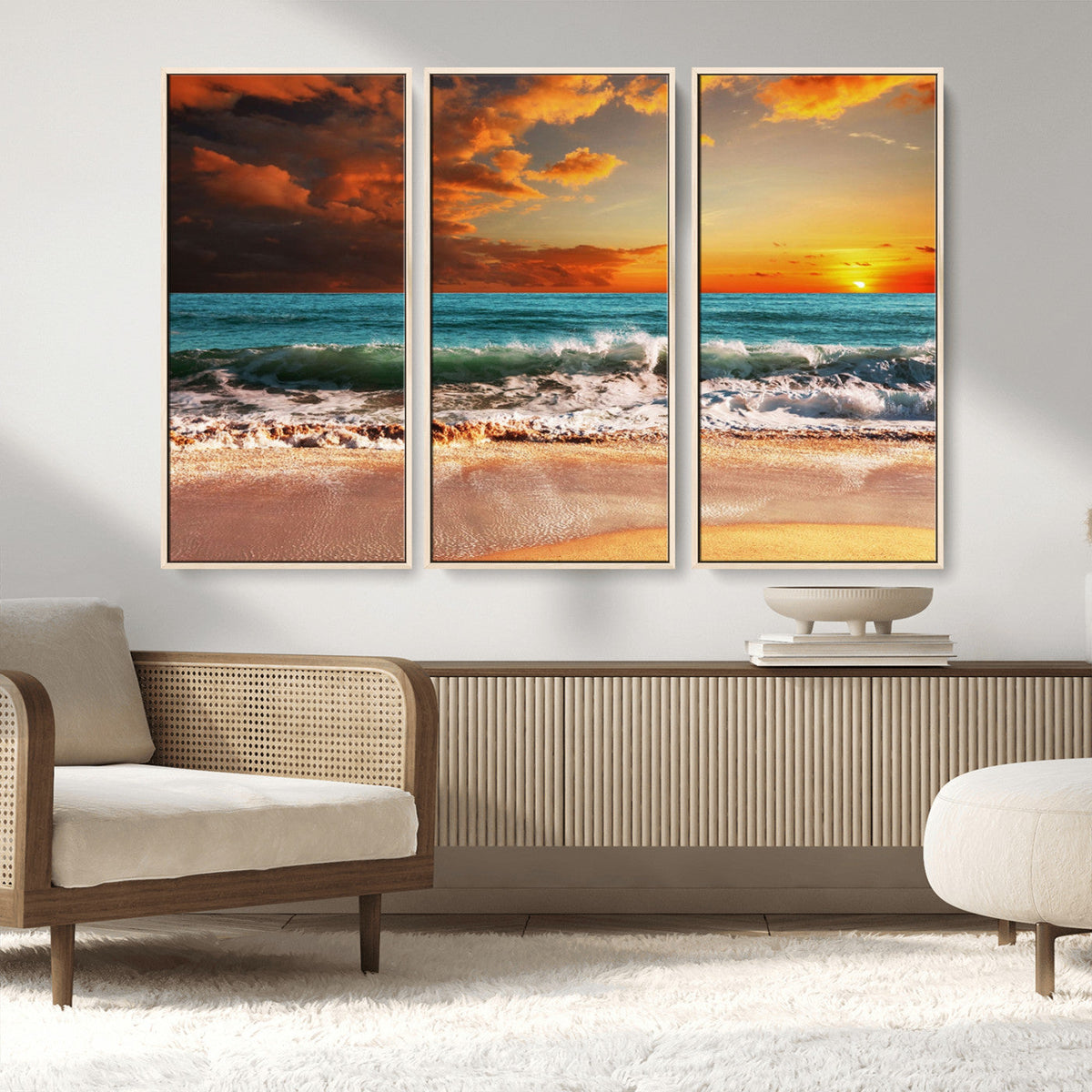 Golden Sunset Beach Canvas Wall Art – Triptych Seascape