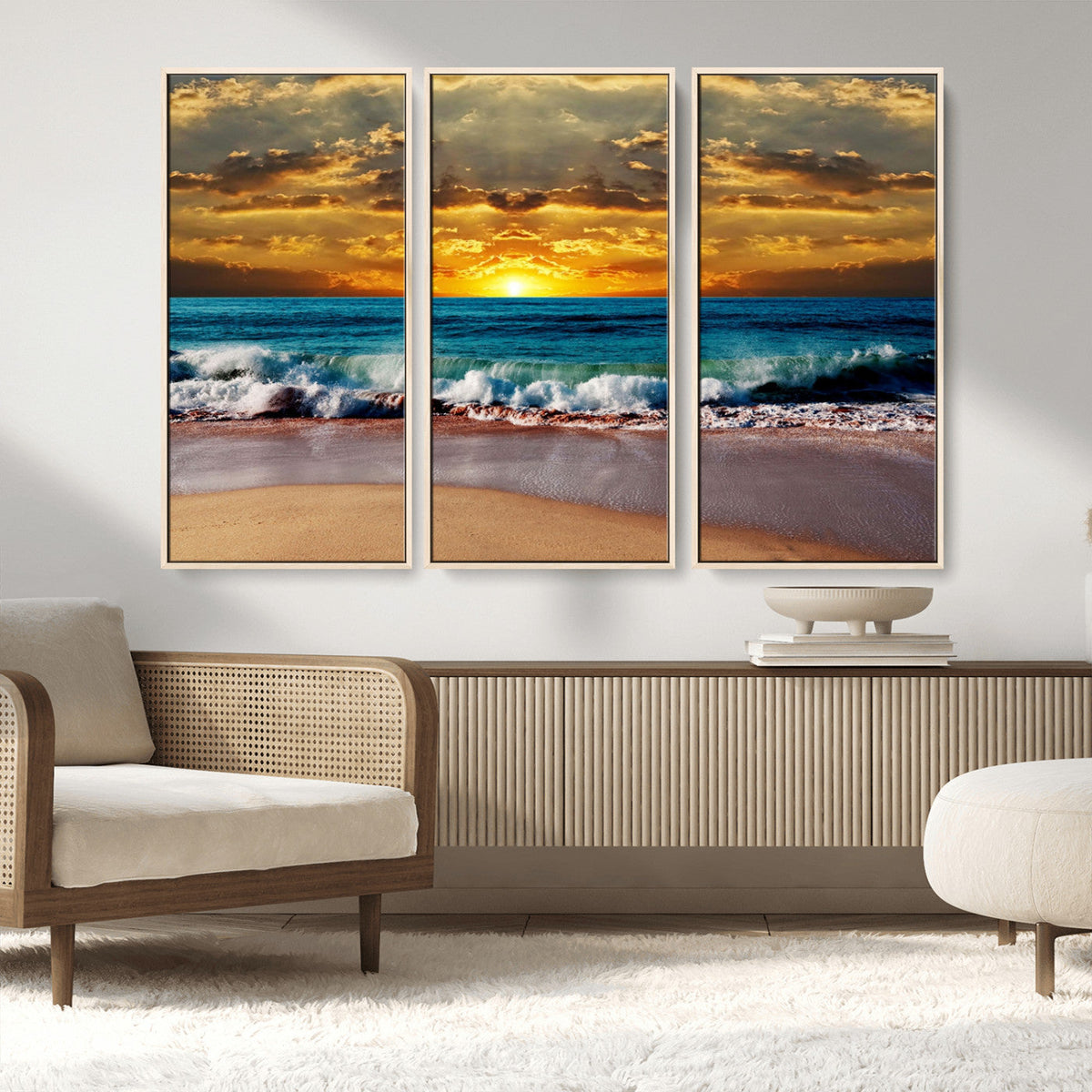 Ocean Sunrise Over Golden Beach Waves, Giclee Canvas Wall