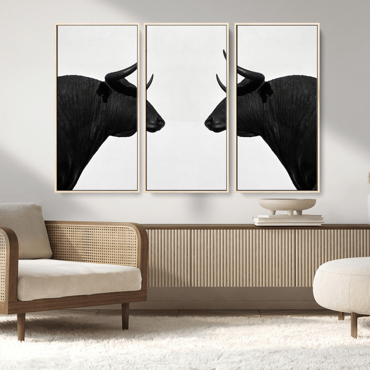 Spanish Bull Art - Framed Black and White Bull Canvas Print