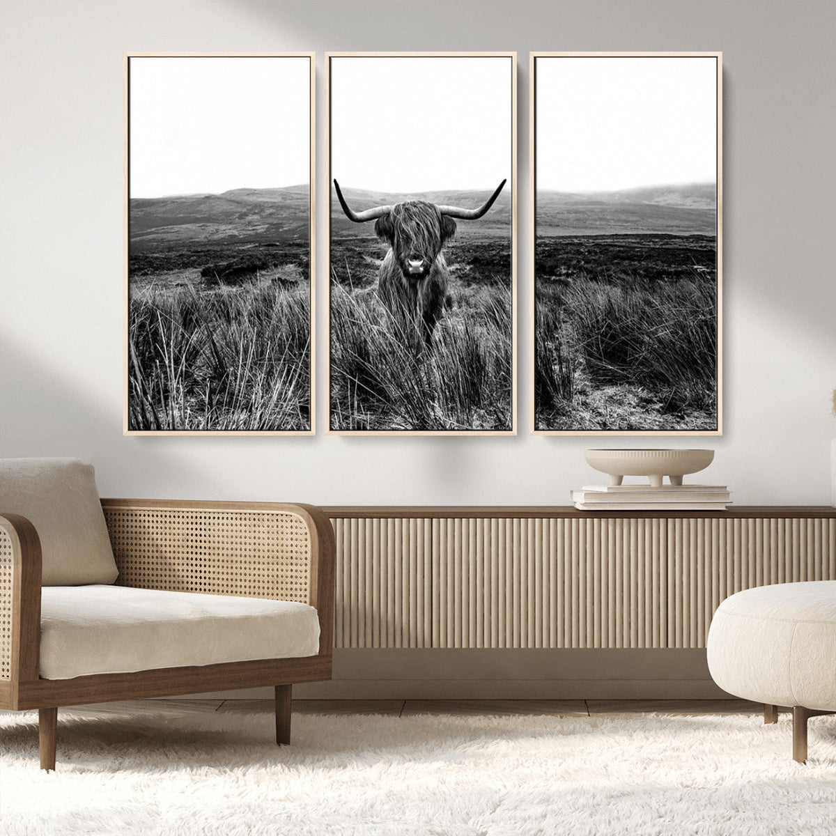 Black and White Highland Cow Canvas Wall Art, Longhorn