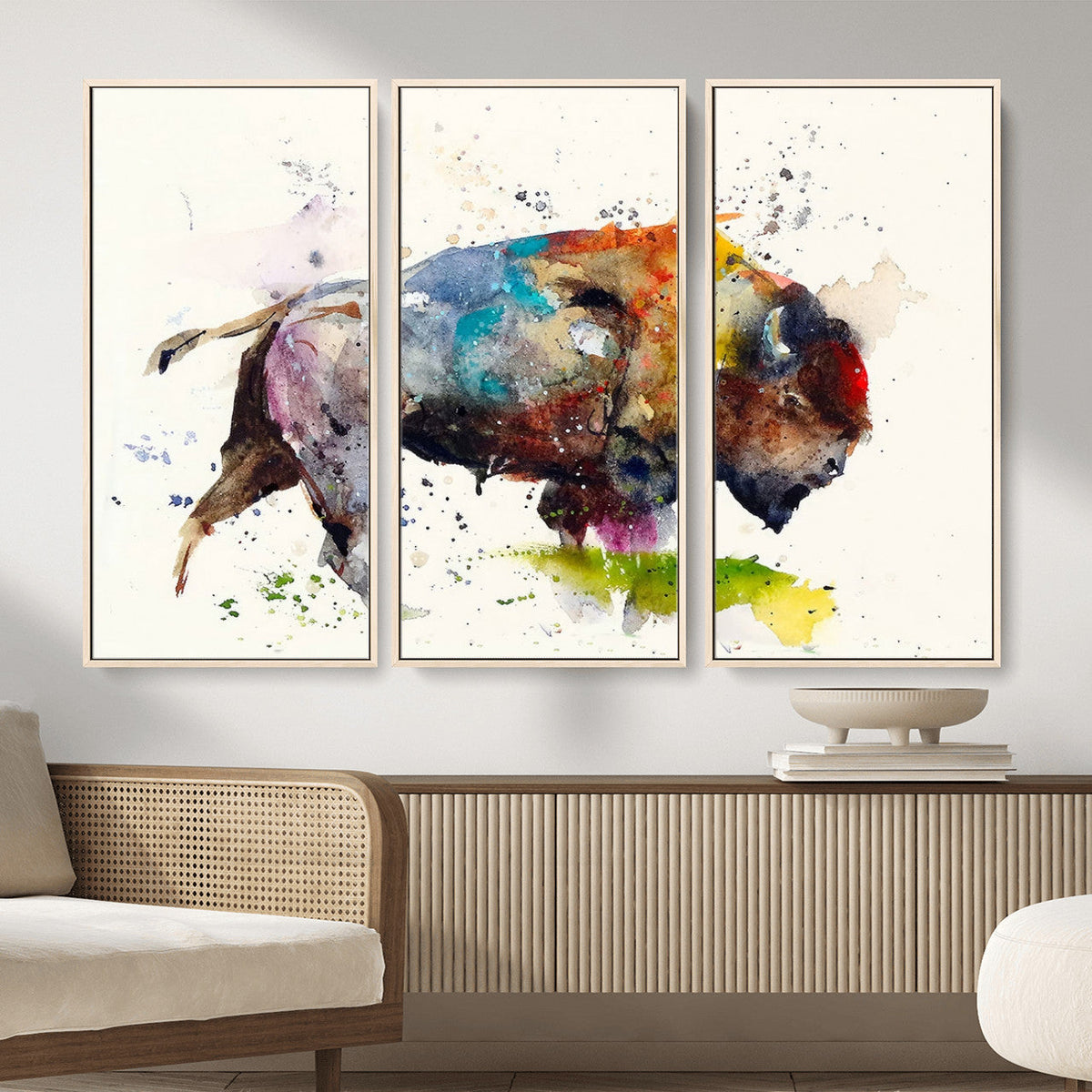Abstract Buffalo Wall Art, Western Watercolor Bison Canvas