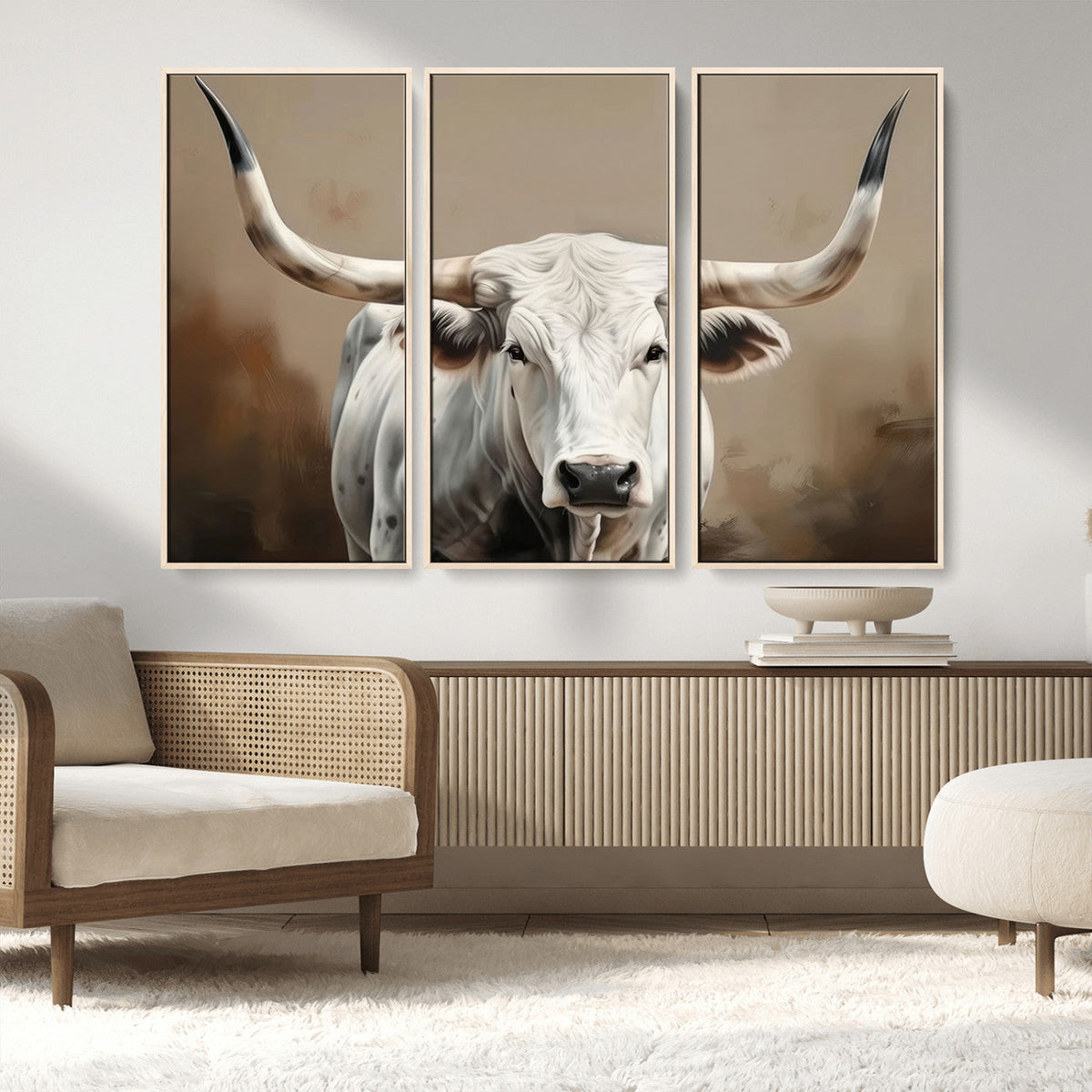 White Longhorn Bull Wall Art Canvas Print – Framed and Ready