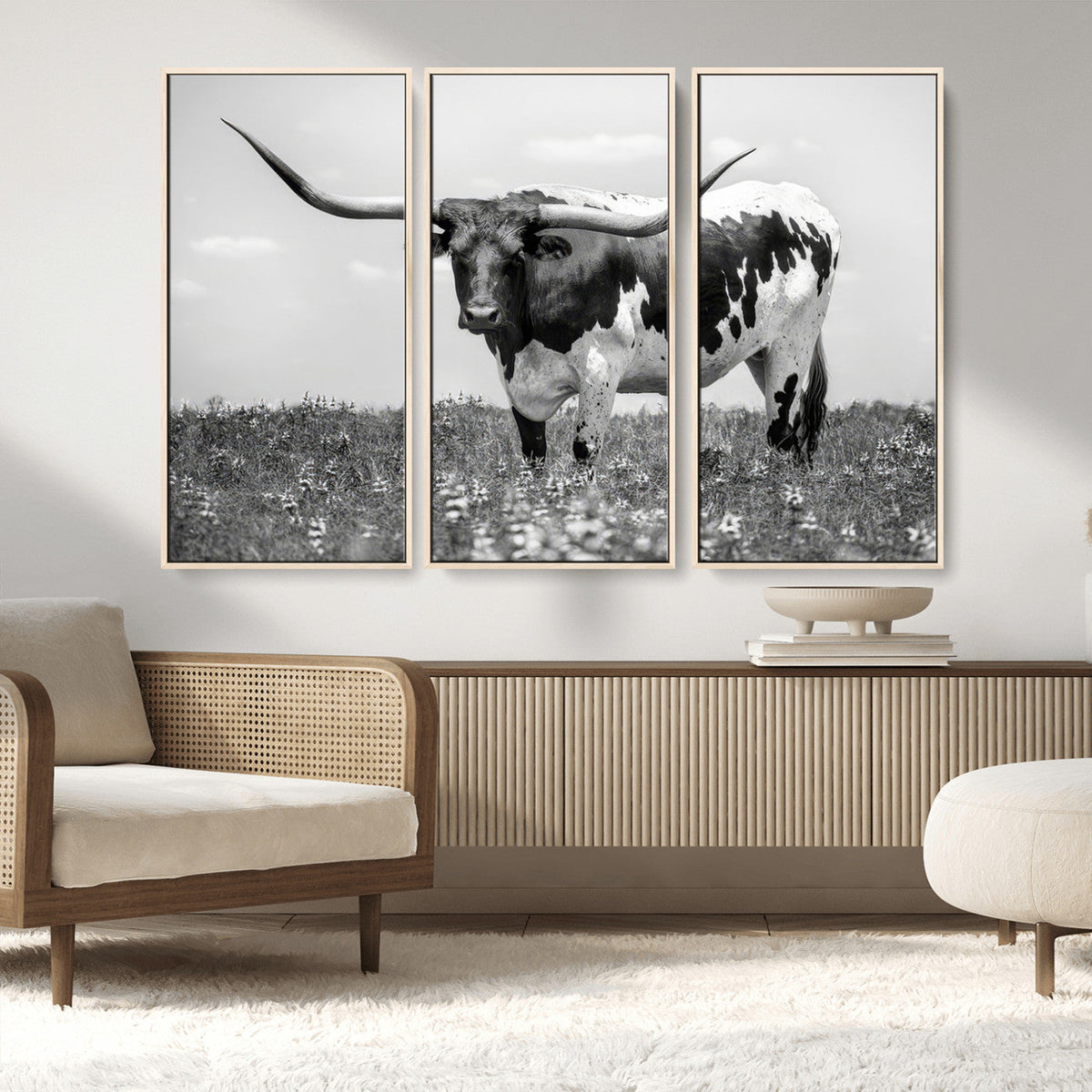 Texas Black White Highland Longhorn Cow Wall Art Canvas