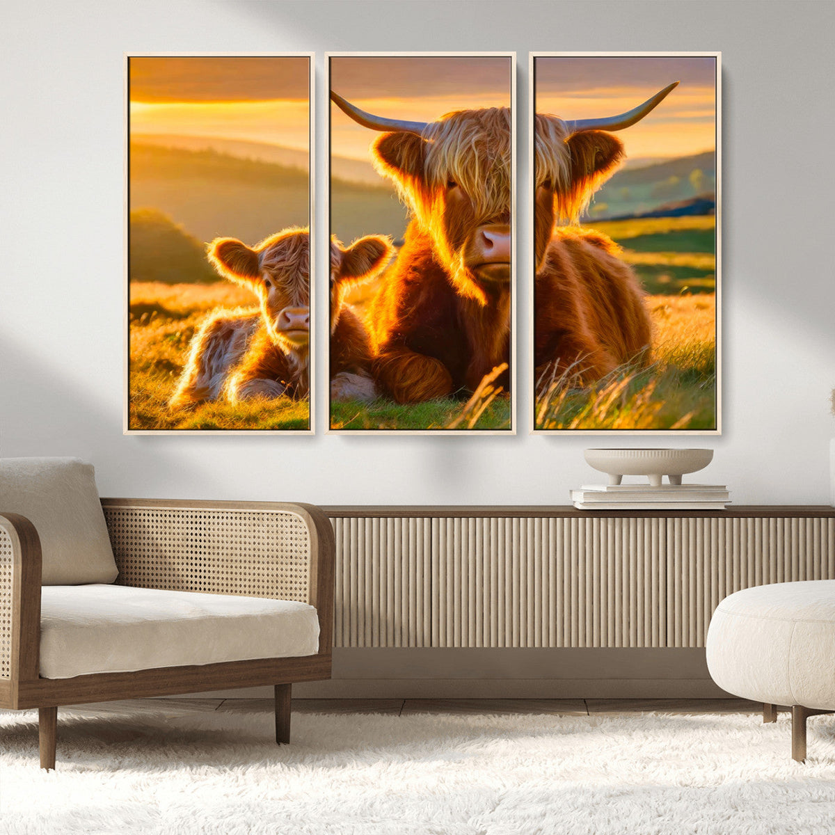 Scottish Cow and Baby Cow Canvas Wall Art Animal Print