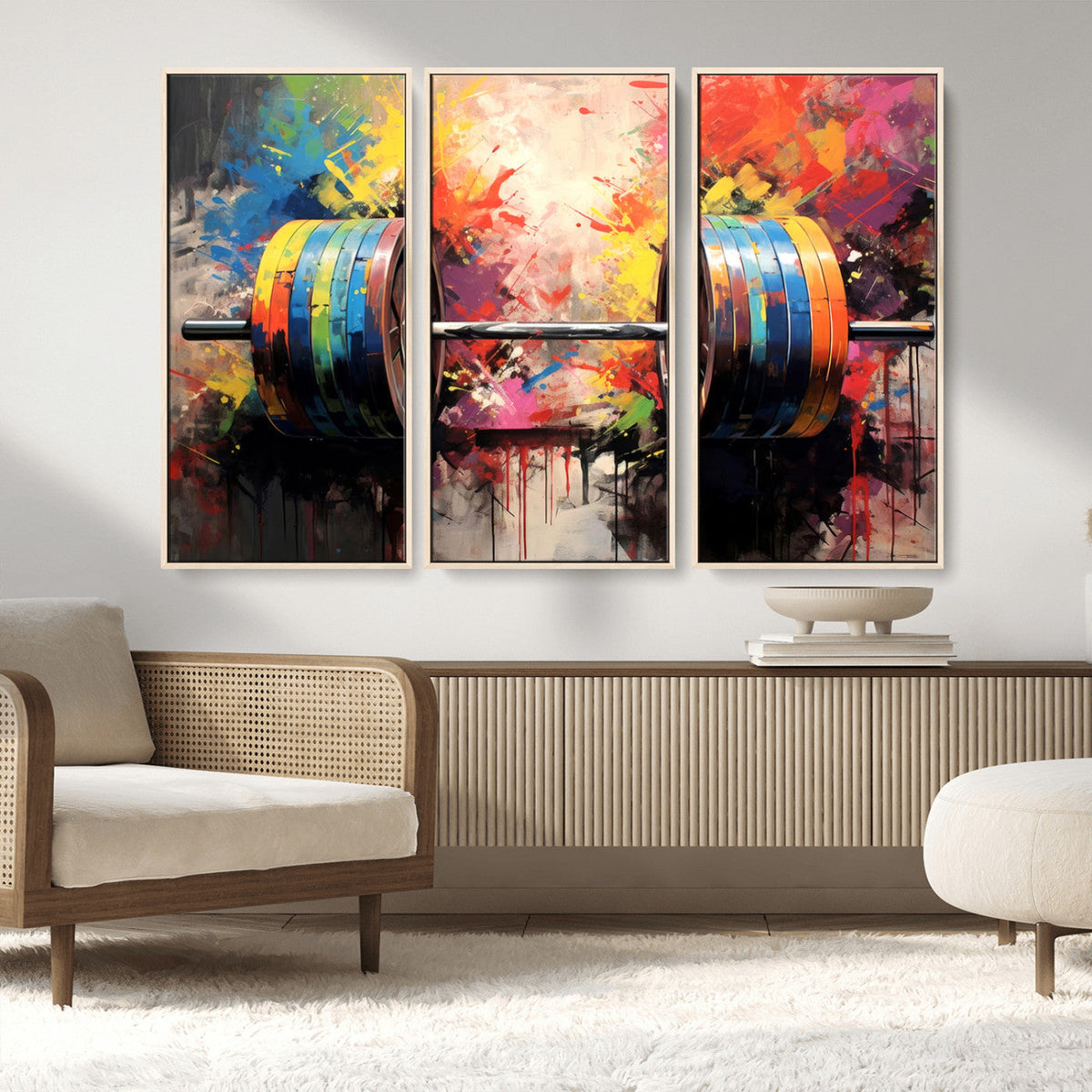 Weightlifting Barbell Art Triptych, Bold Abstract Fitness