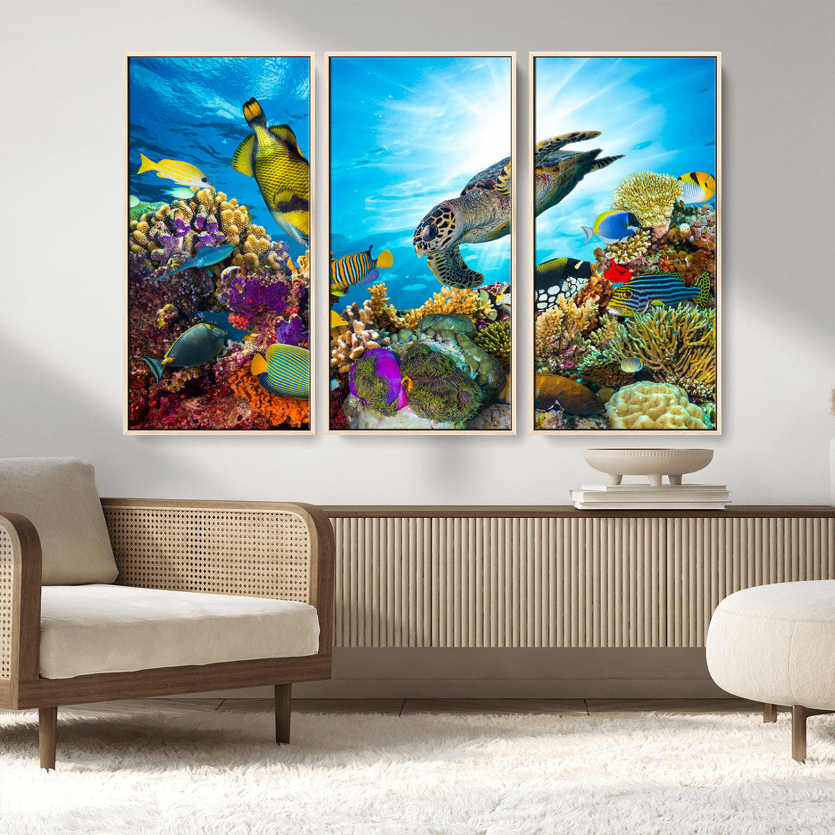 Colorful Coral Reef and Sea Life Turtle Canvas Print,