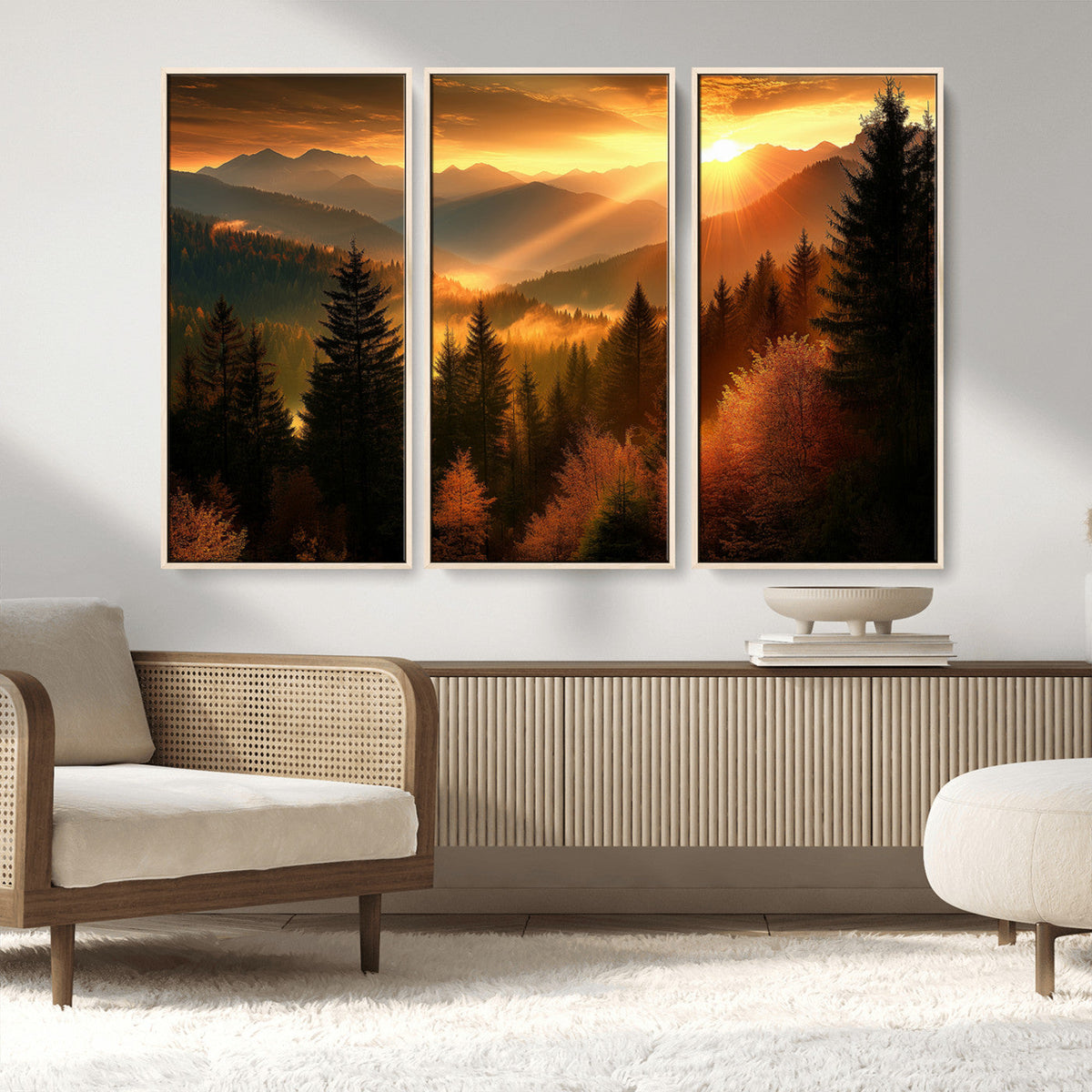 Golden Sunset Over Mountain Forest Canvas Wall Art Print -
