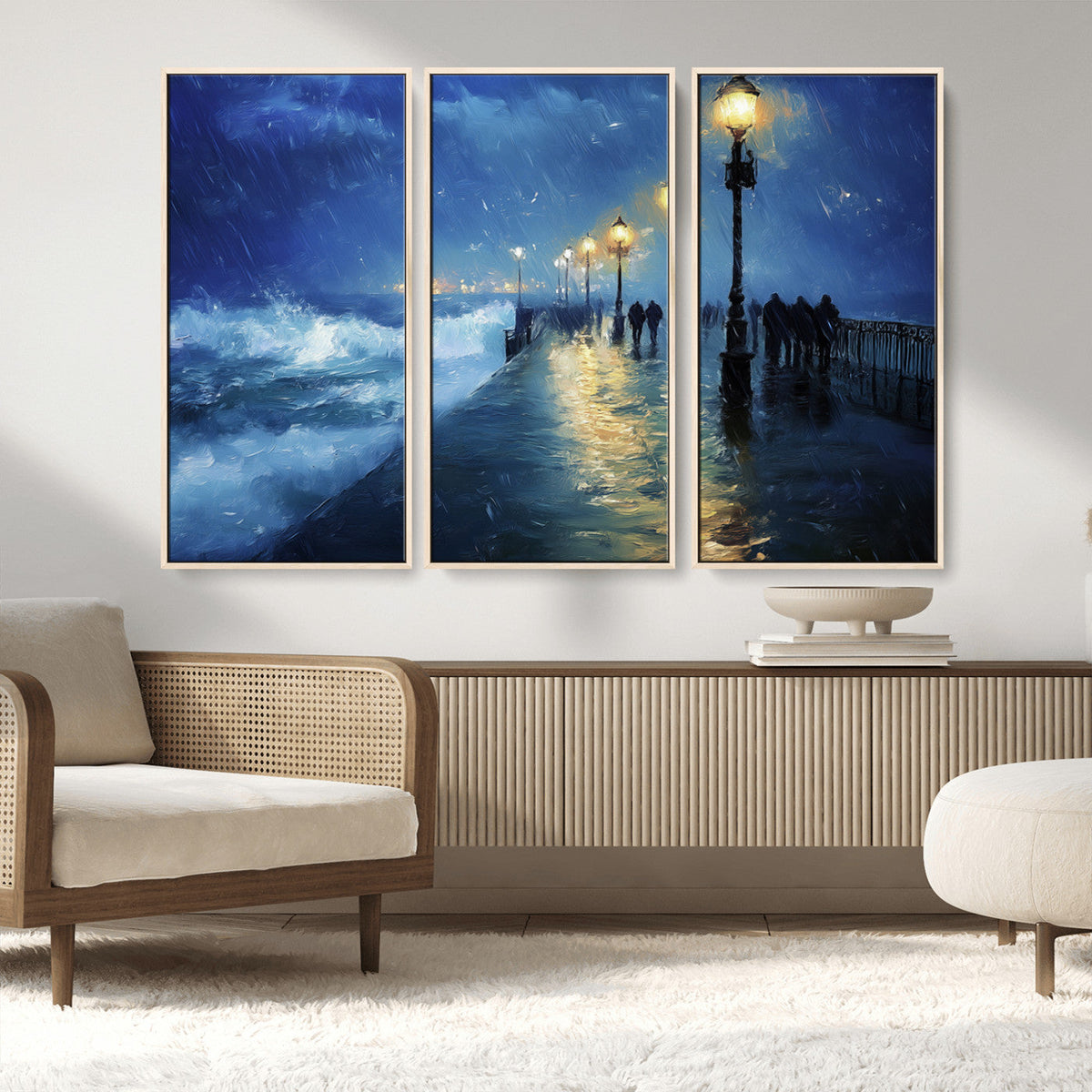 Storm Ocean Pier Canvas Wall Art Print - Large Moody Night