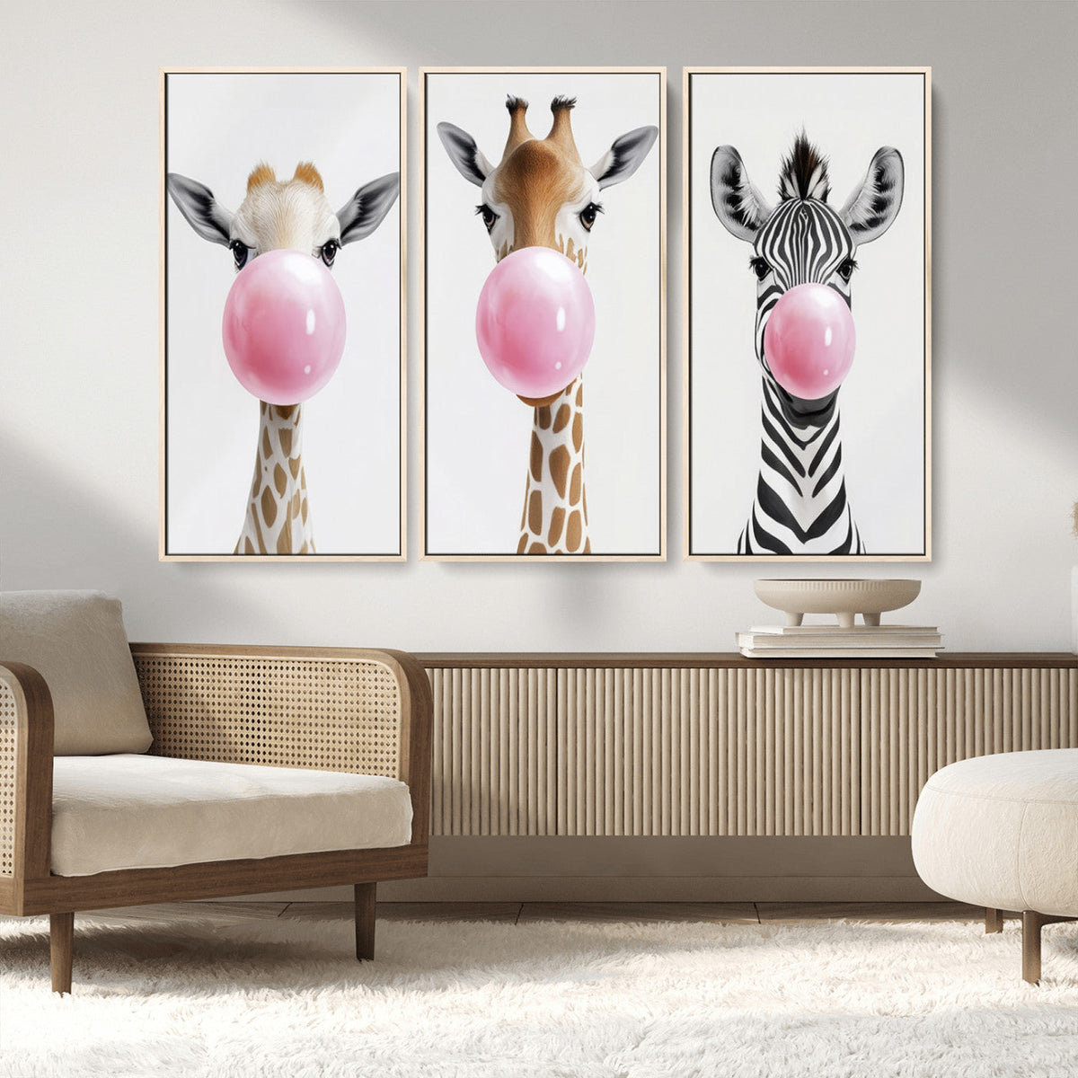 Bubblegum Animals Canvas Wall Art - Playful Giraffe and