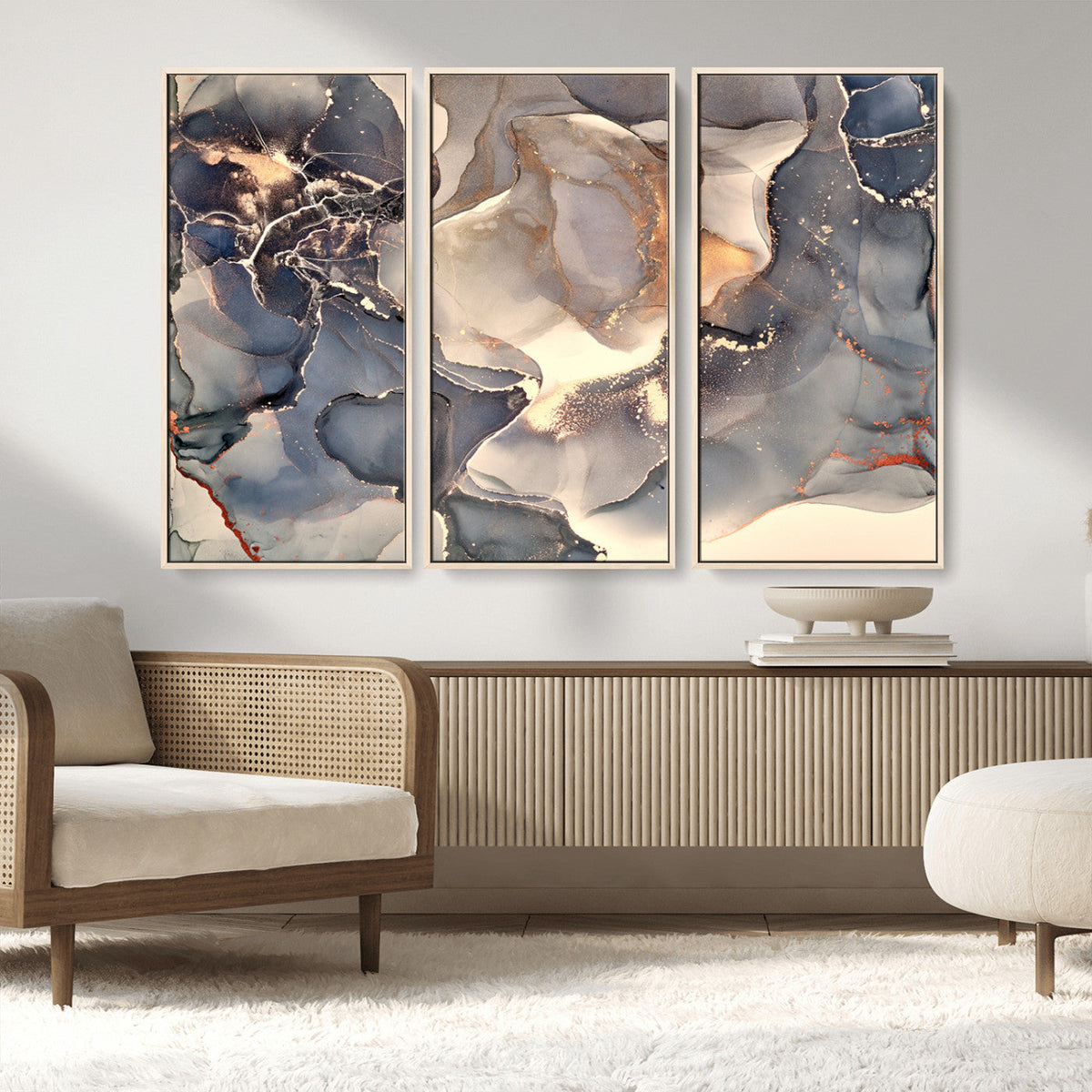 Abstract Blue and Gold Wall Art - Fluid Ink Artwork - Modern