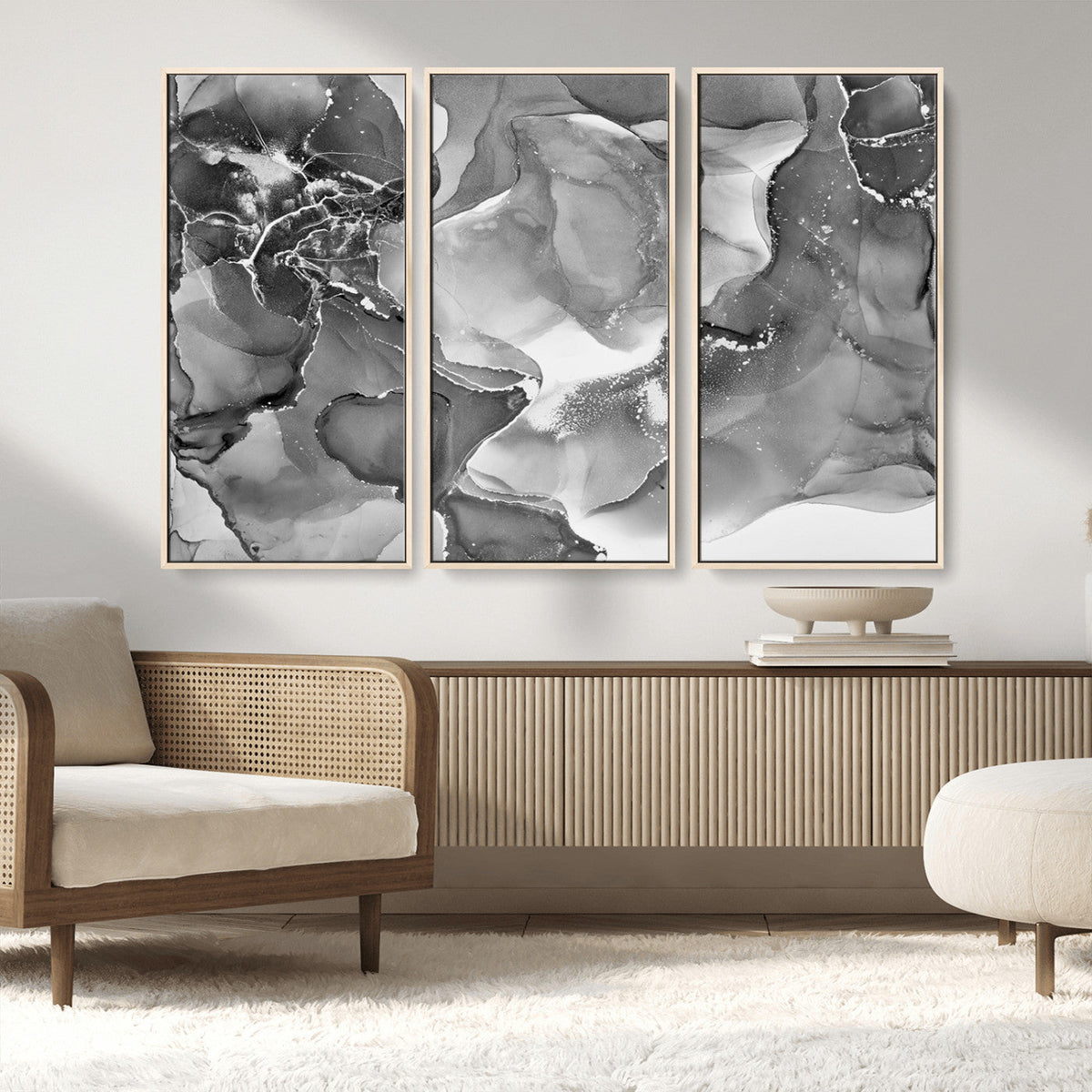 Black White Abstract Canvas Wall Art - Fluid Ink Artwork -