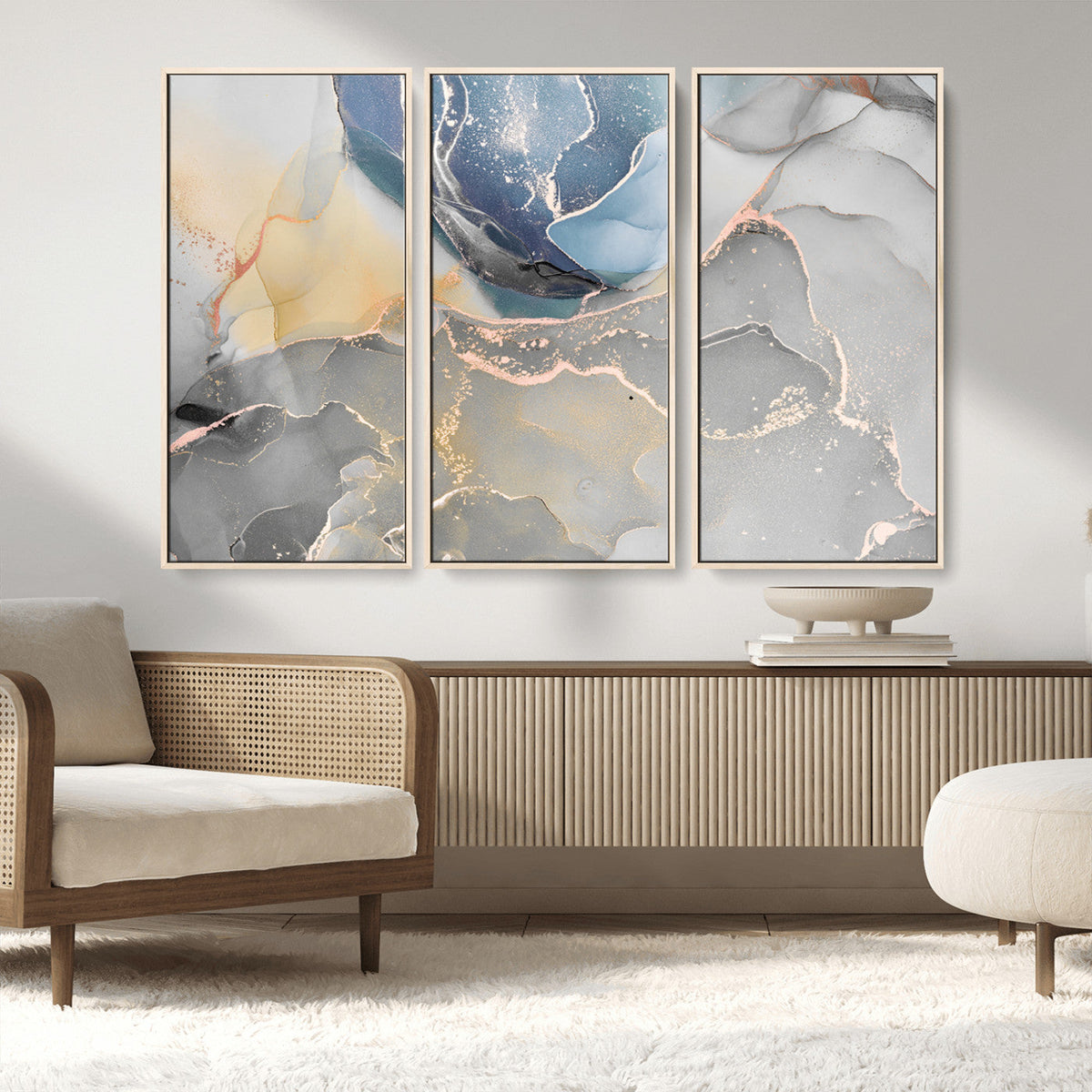 Large Abstract Blue and Gold Canvas Wall Art | Fluid Ink